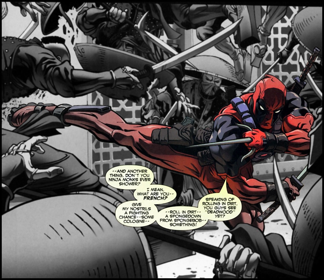 Deadpool fighting ninjas in a comic book panel HD Wallpaper