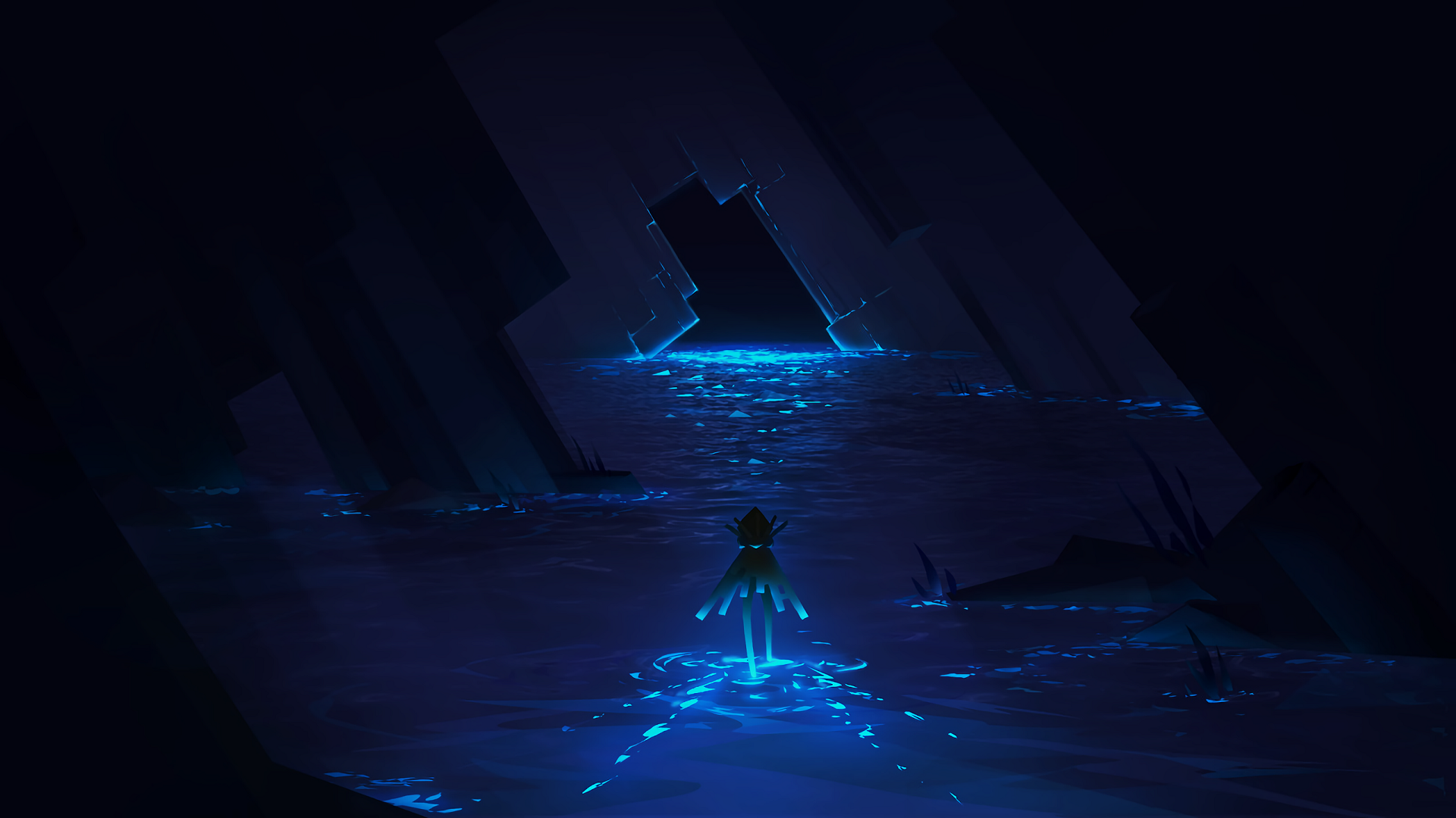 A lone figure stands in a glowing blue cave. HD Wallpaper