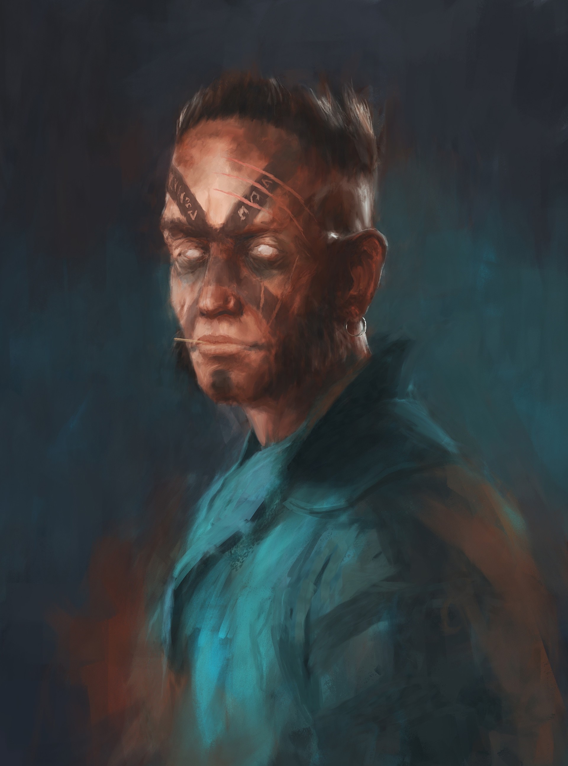 Painting of a man with tribal markings and white eyes HD Wallpaper