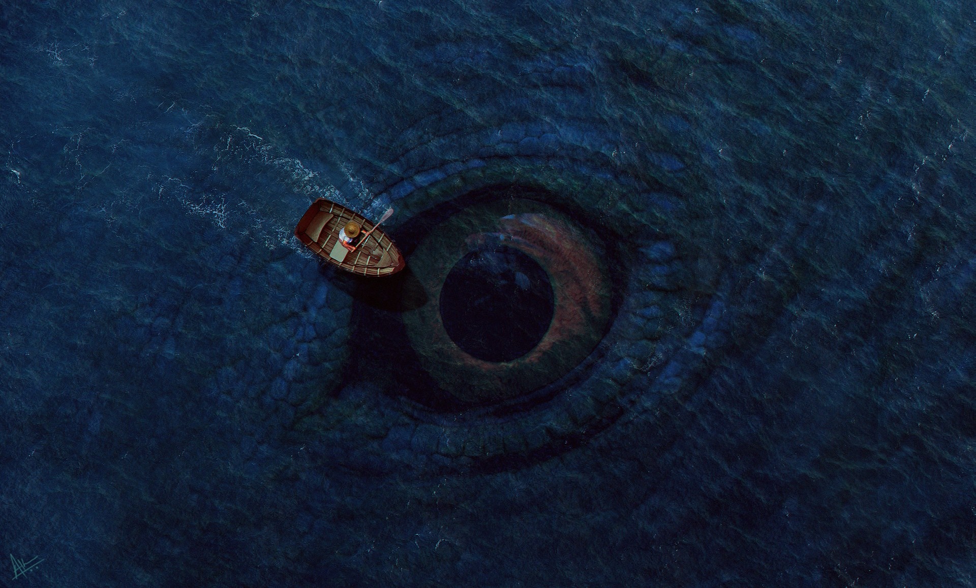 A small boat near a giant eye in the sea HD Wallpaper