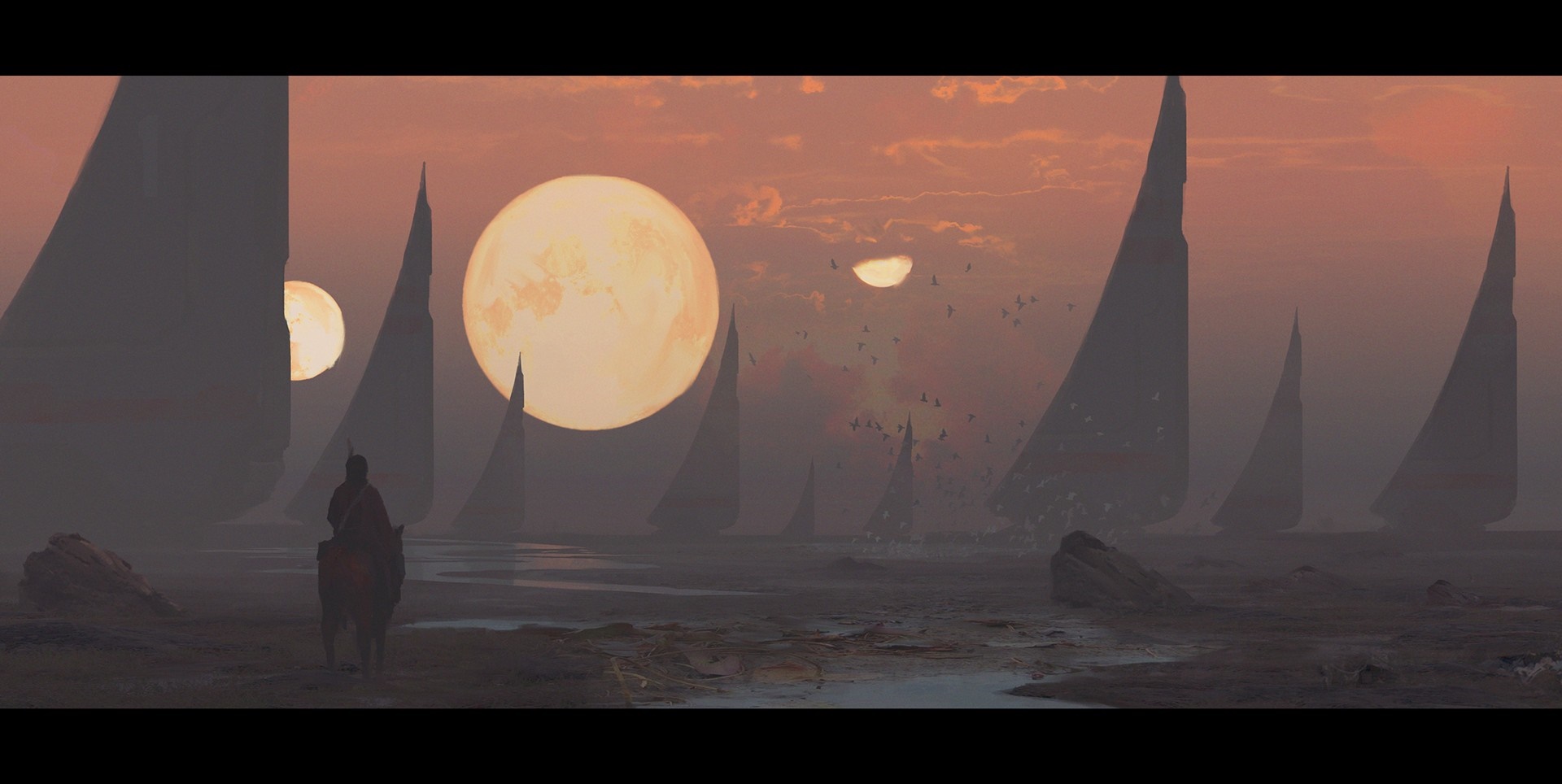 Alien landscape with giant moons and a lone rider HD Wallpaper