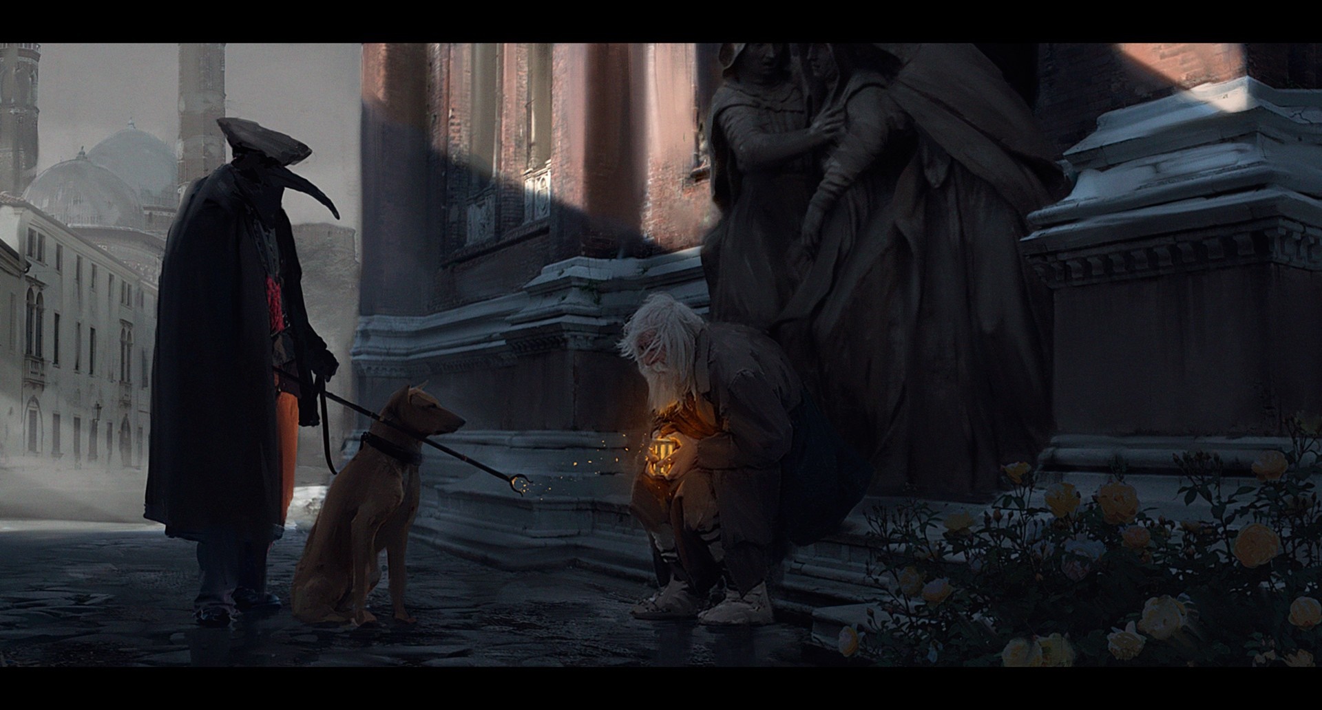 Plague Doctor with Dog and Man holding Lantern HD Wallpaper