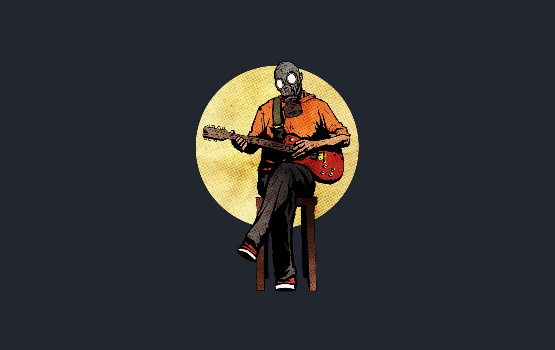 Man in gas mask playing electric guitar HD Wallpaper
