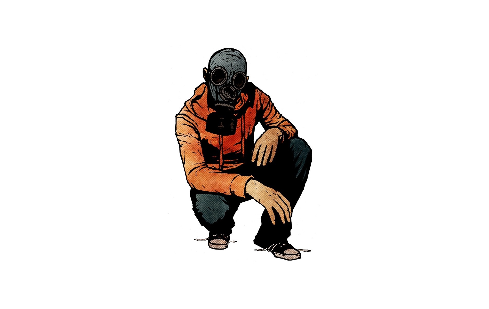 Person wearing a gas mask and orange hoodie HD Wallpaper