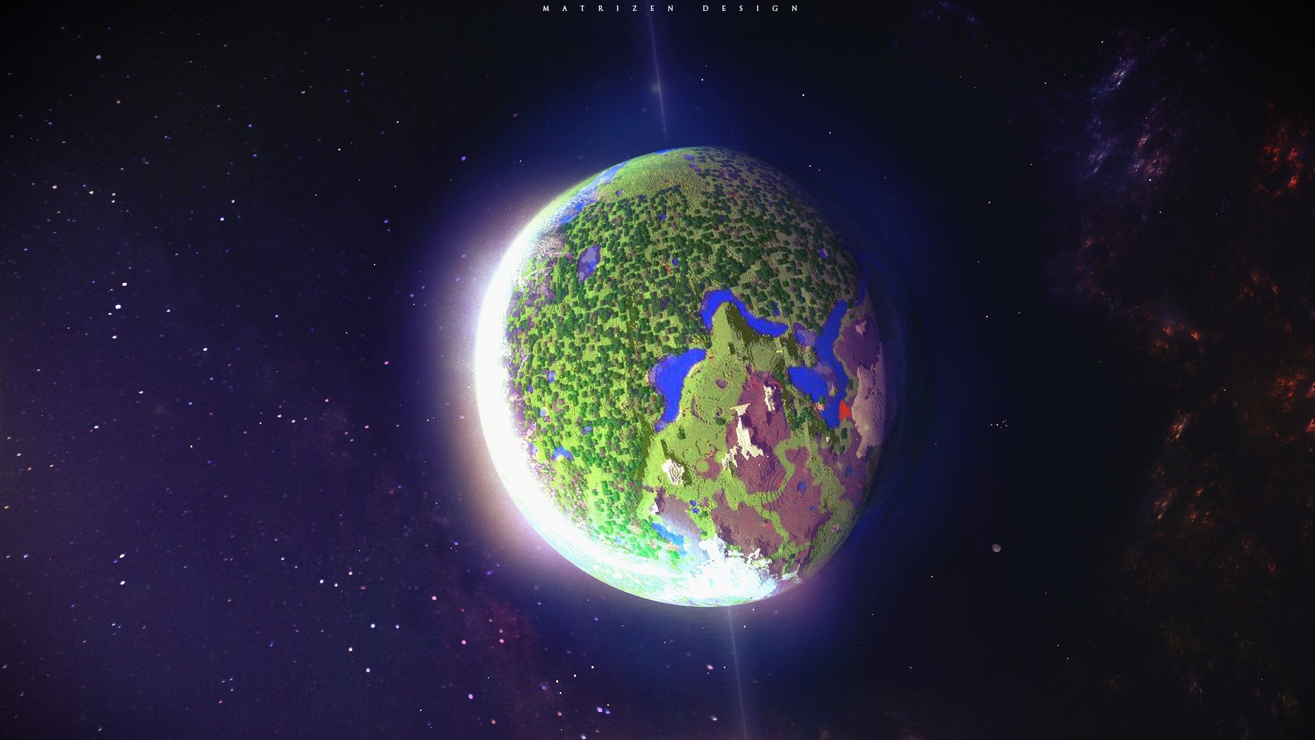 Minecraft planet in space with glowing sun and stars HD Wallpaper