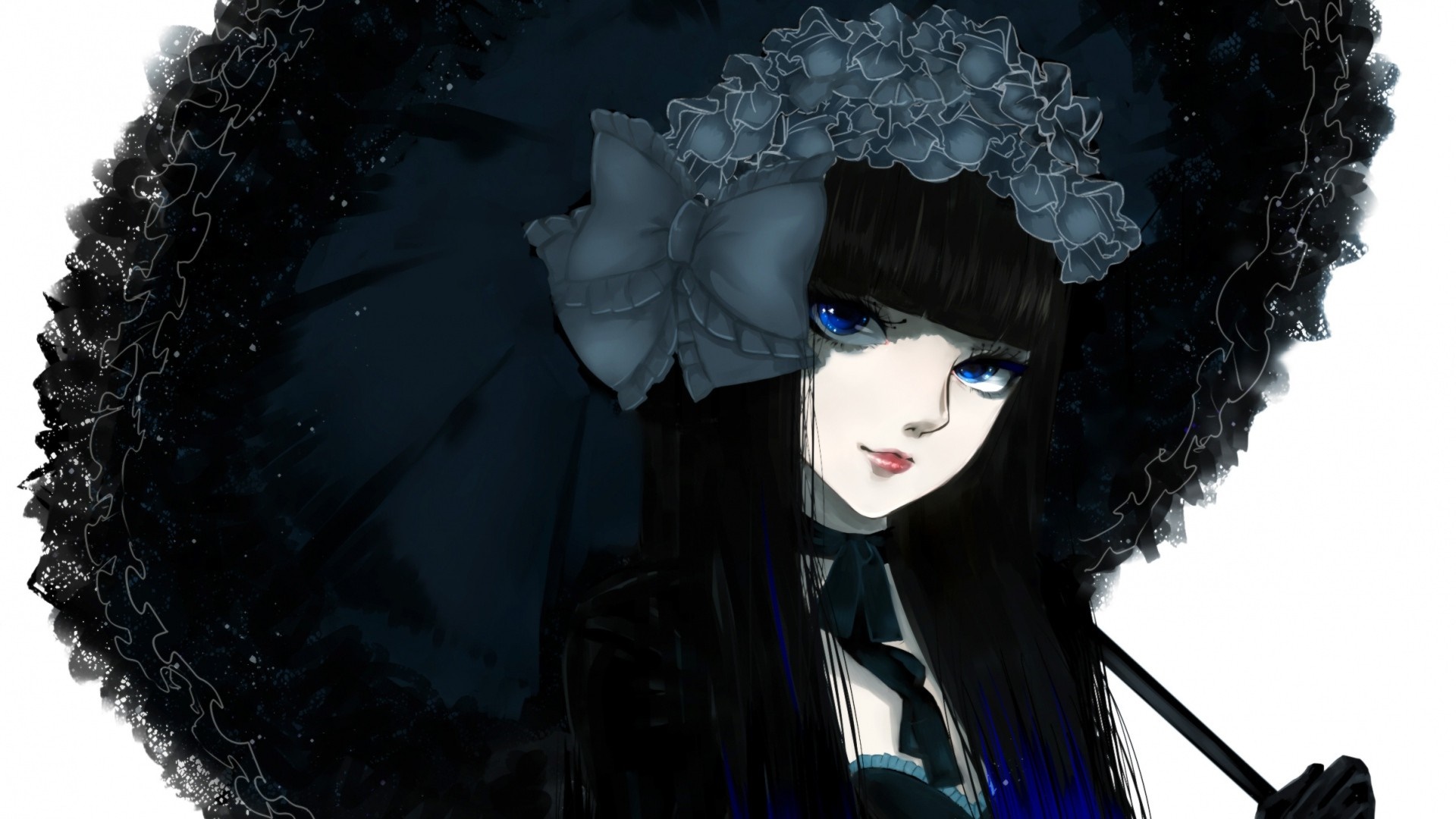 Gothic anime girl with black hair and blue eyes holding an umbrella HD Wallpaper