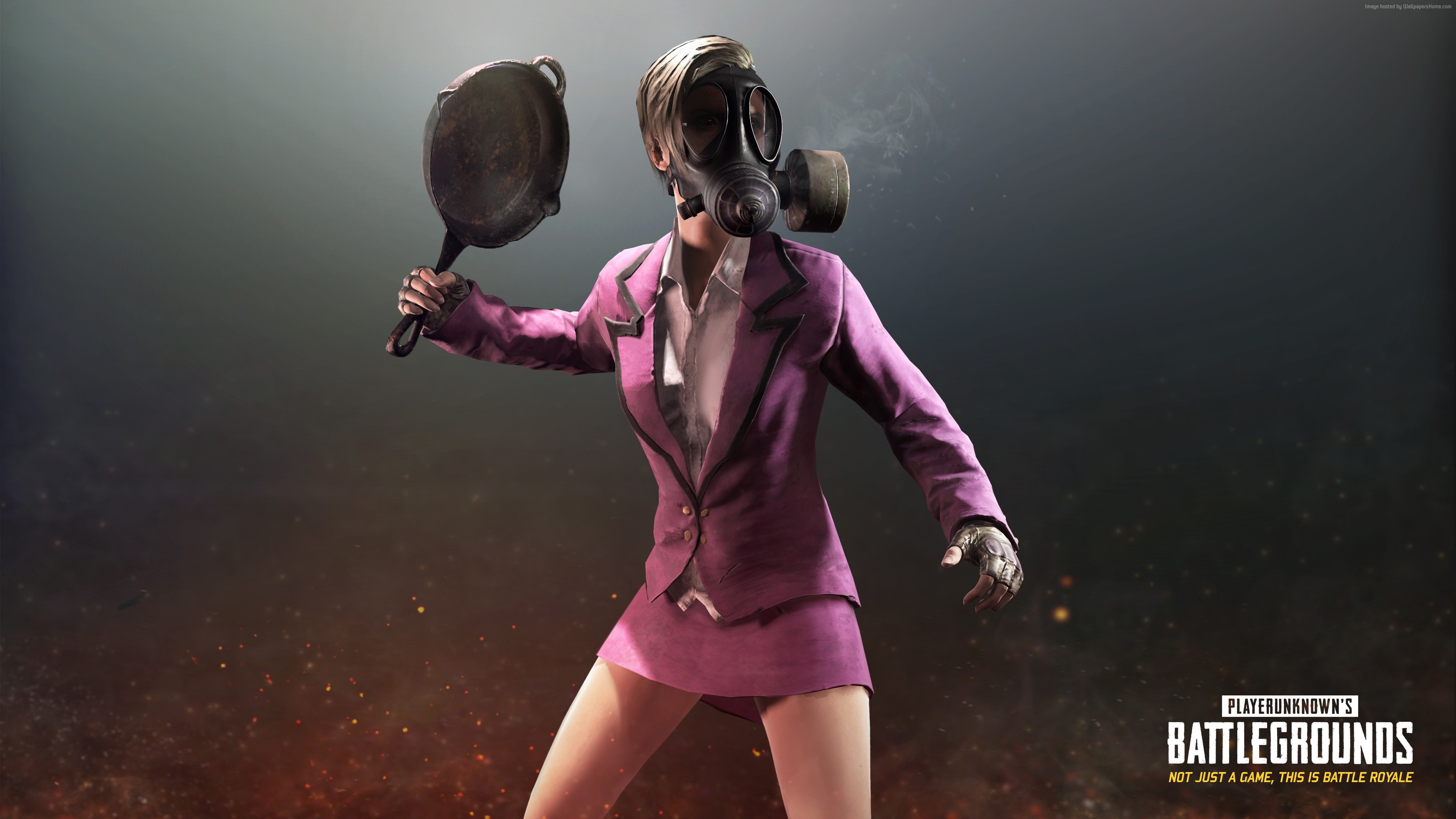 PlayerUnknown's Battlegrounds character with gas mask and frying pan HD Wallpaper