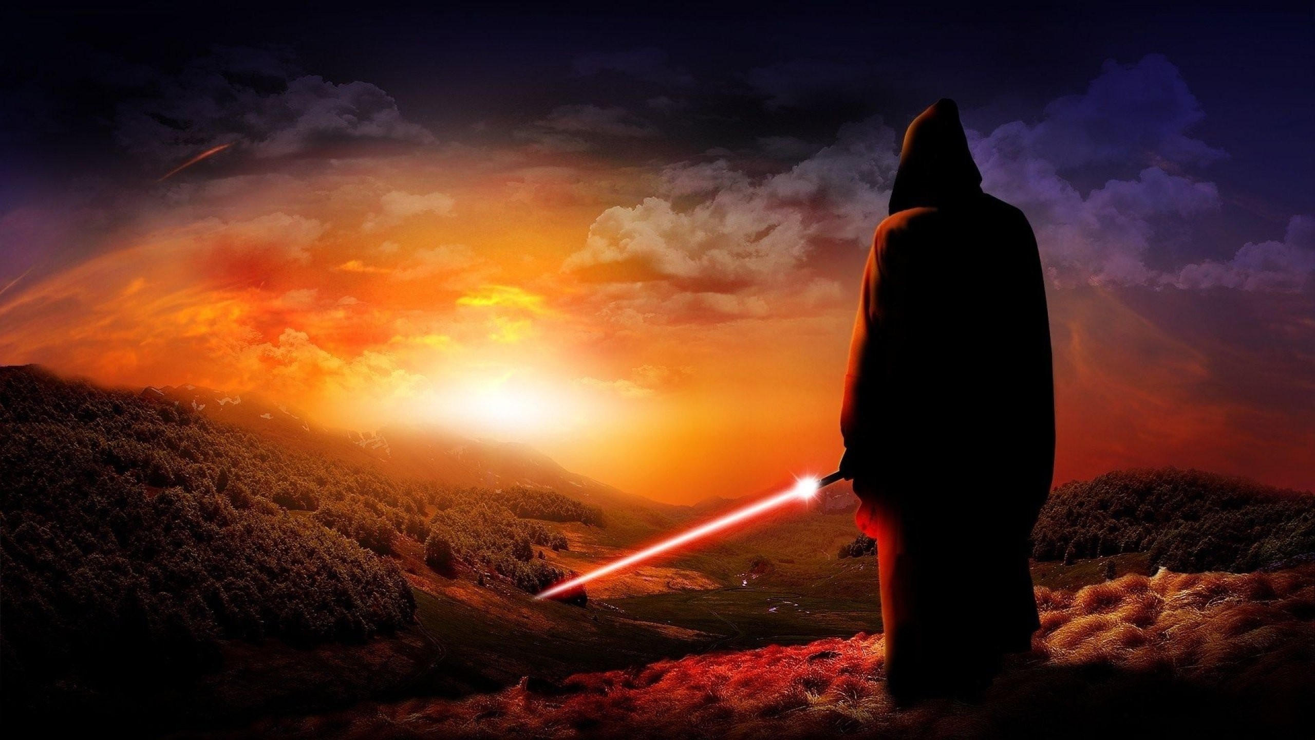 Figure with lightsaber at sunset HD Wallpaper