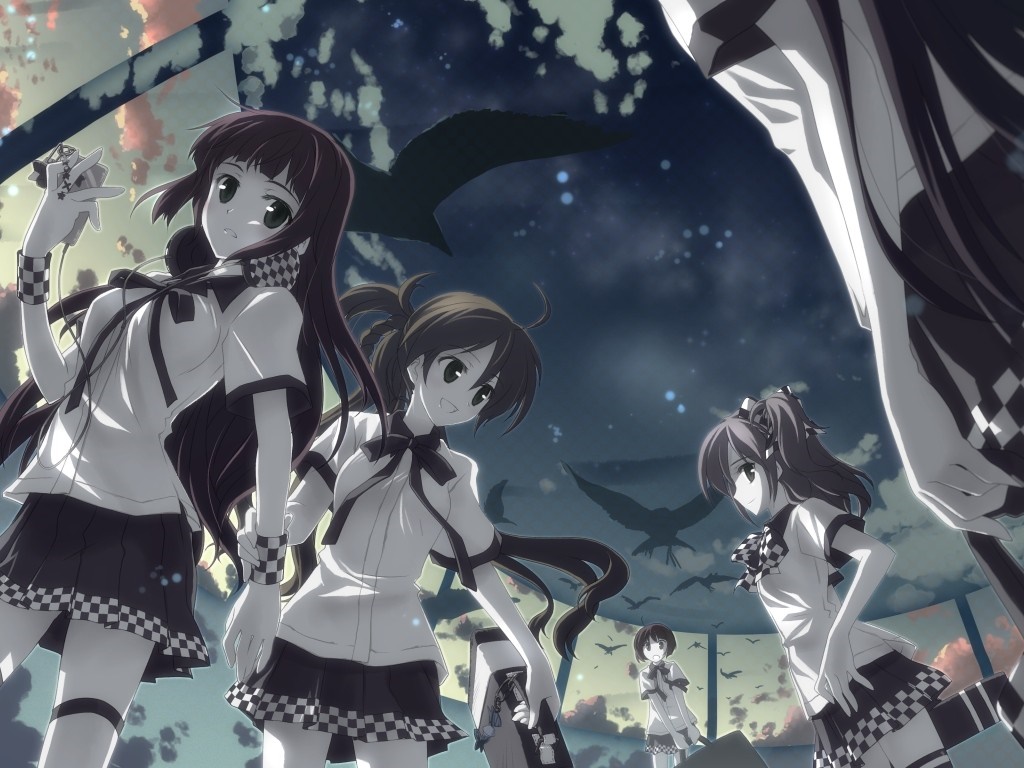 Anime girls in school uniforms with checkered patterns HD Wallpaper