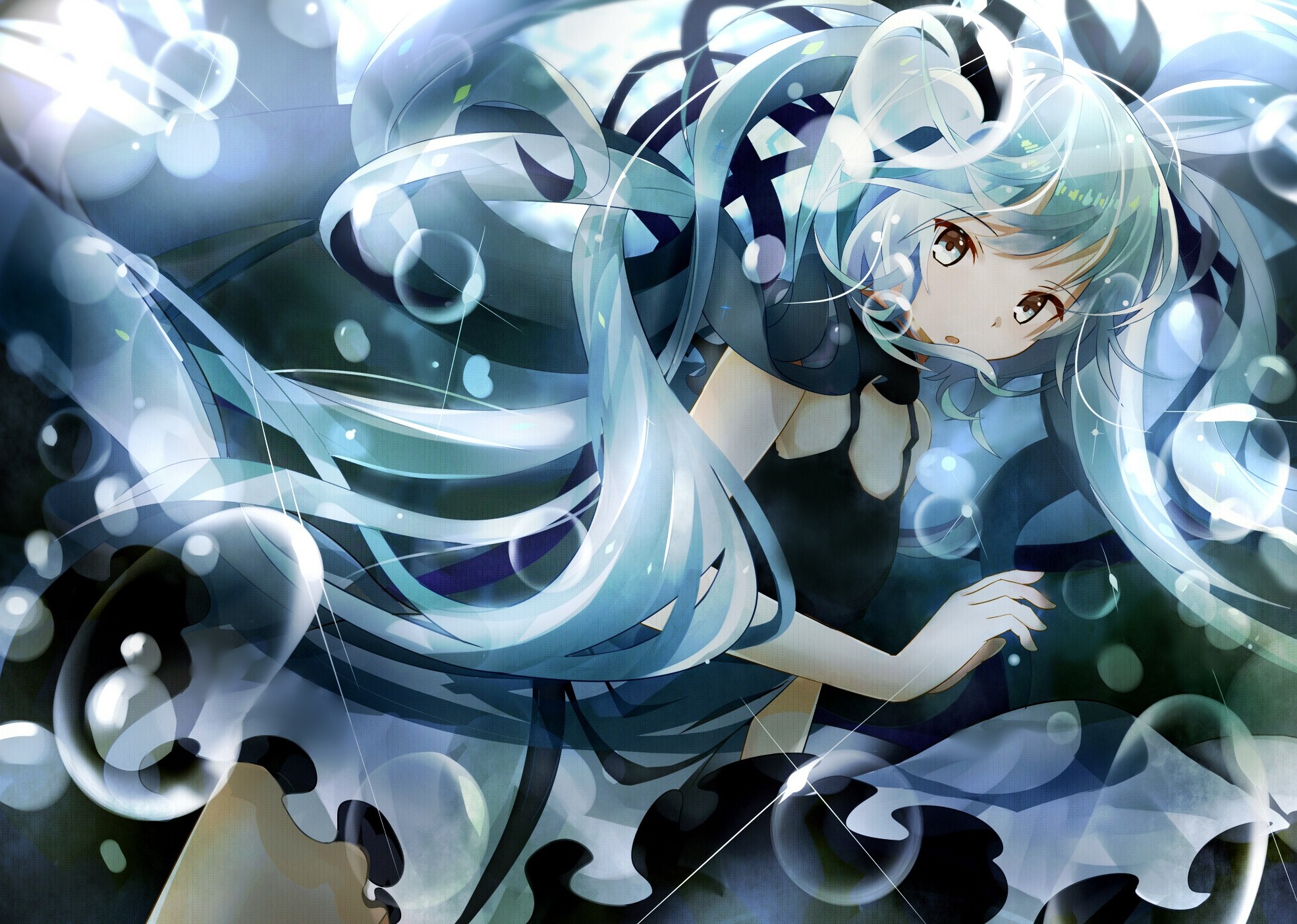 Anime girl with long blue hair and bubbles HD Wallpaper