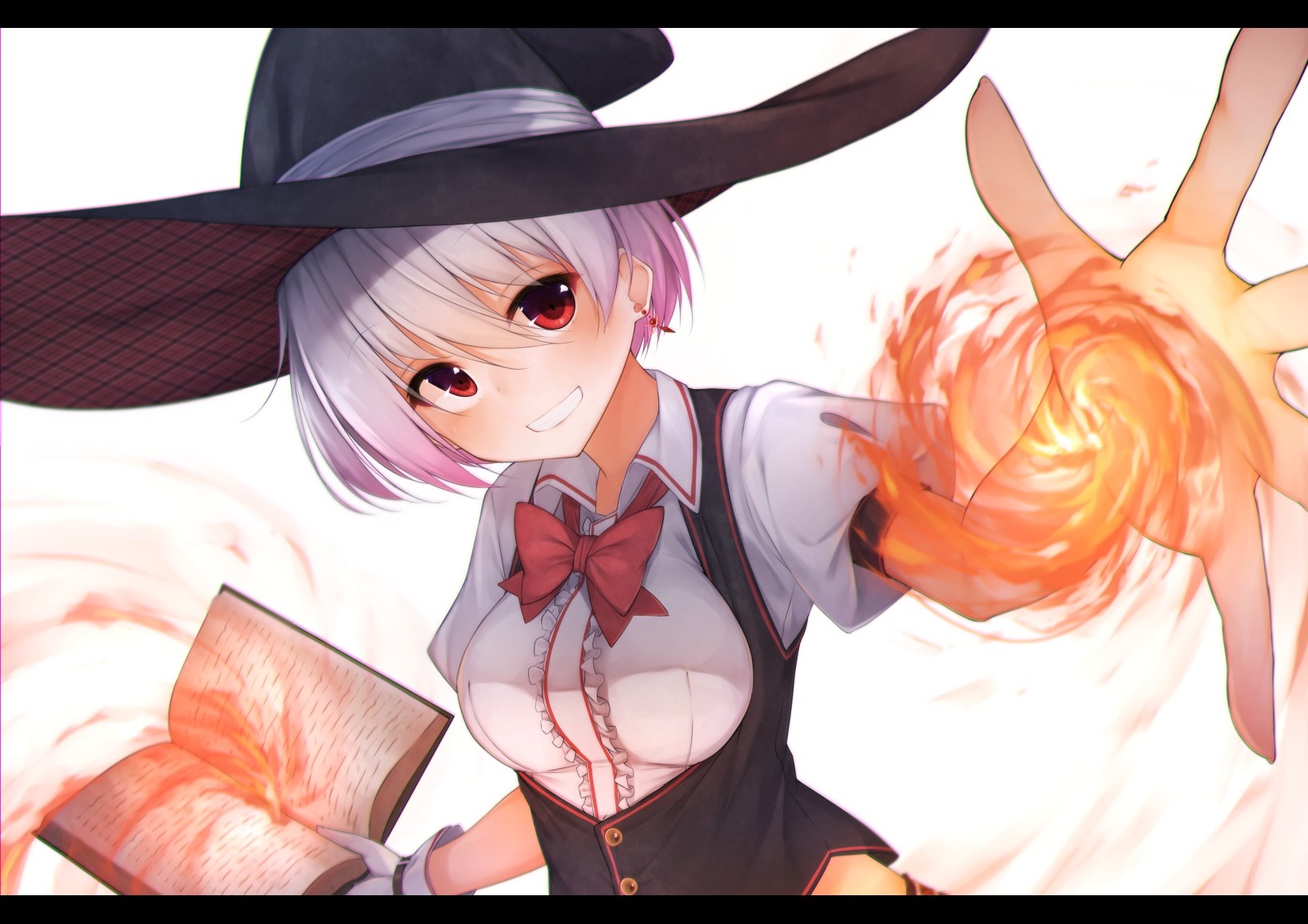 Anime witch with short hair casting magic from a book and hand HD Wallpaper