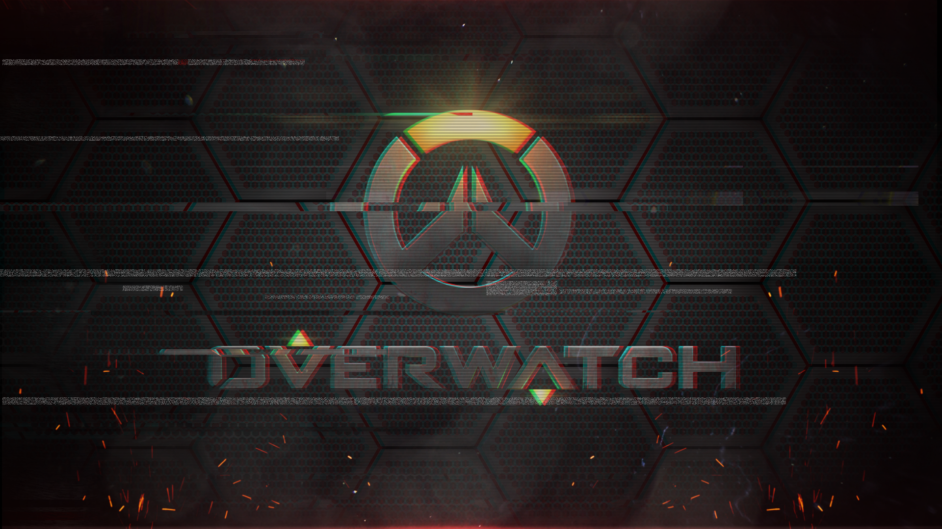 Overwatch logo with glitch effect and hexagonal pattern HD Wallpaper