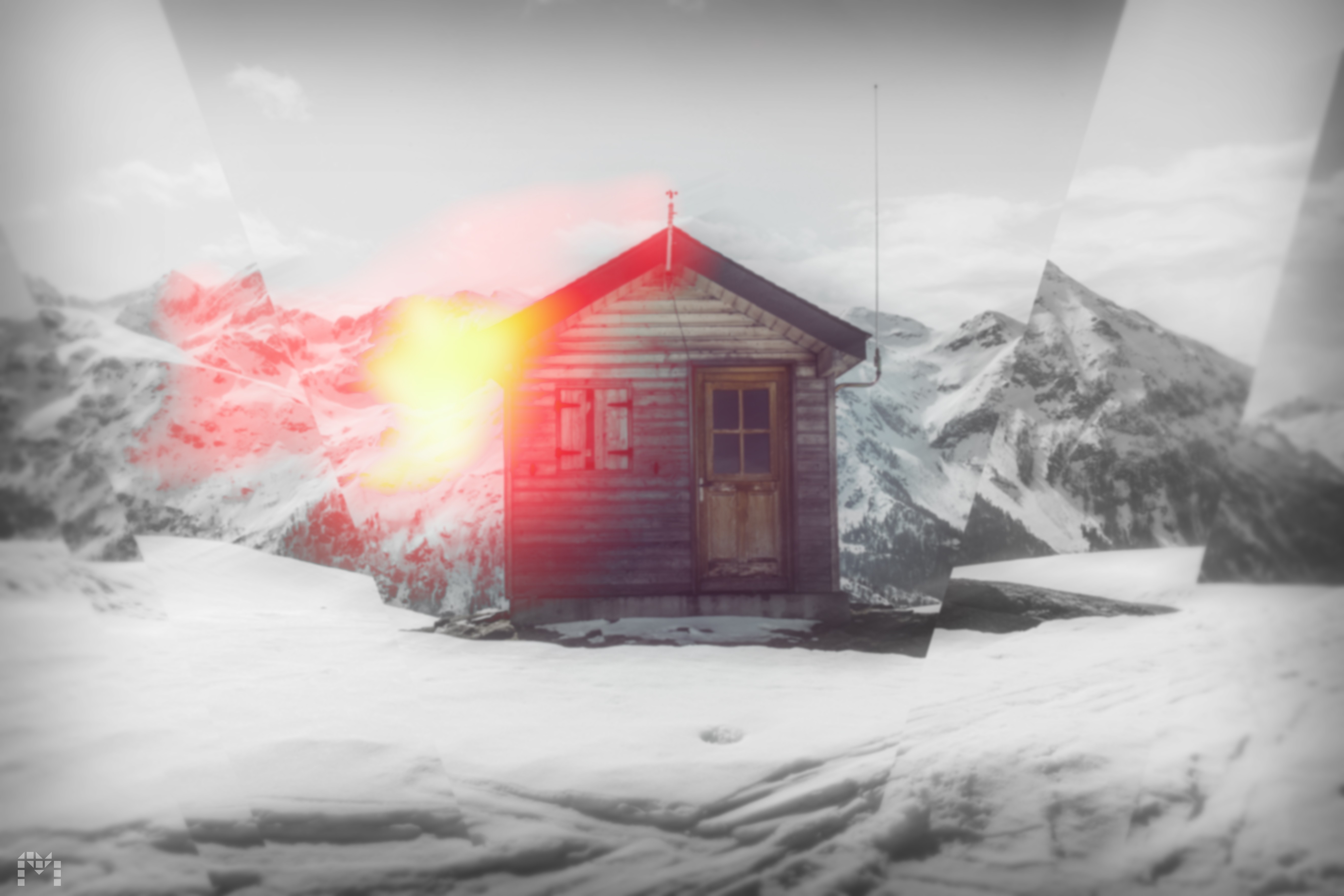 Wooden cabin in snowy mountains with red light effect HD Wallpaper
