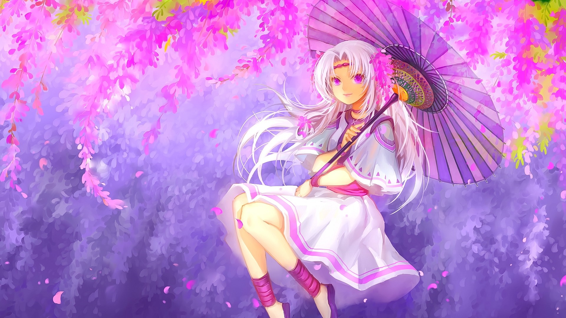 Anime girl with white hair holding a purple umbrella HD Wallpaper