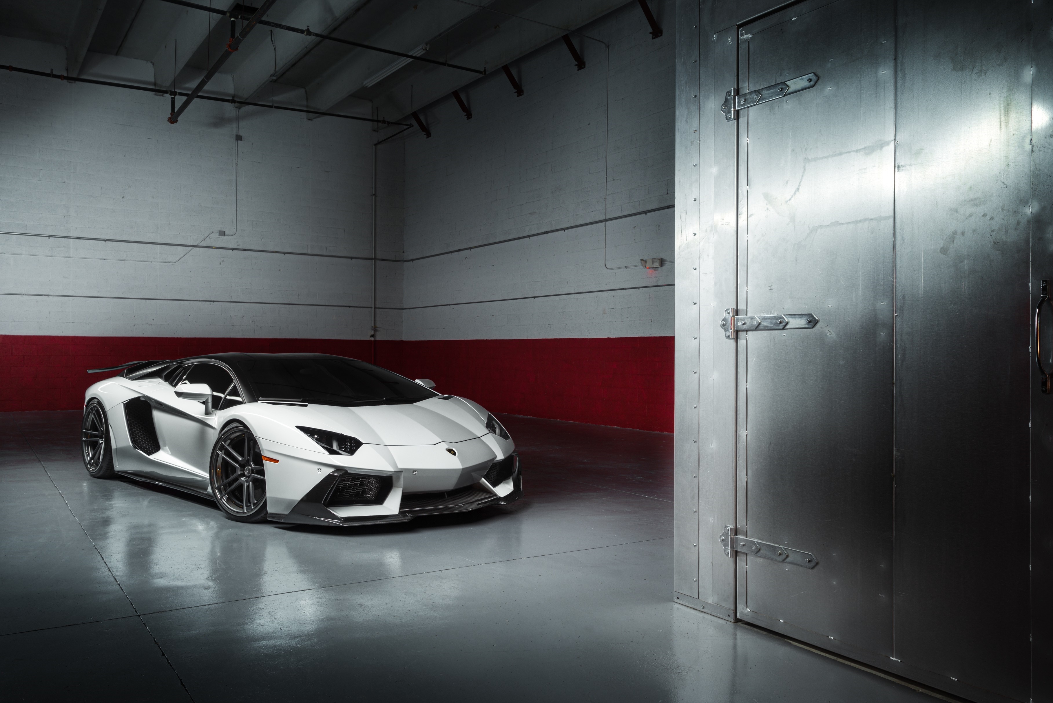 White Lamborghini Aventador in a garage HD Wallpaper