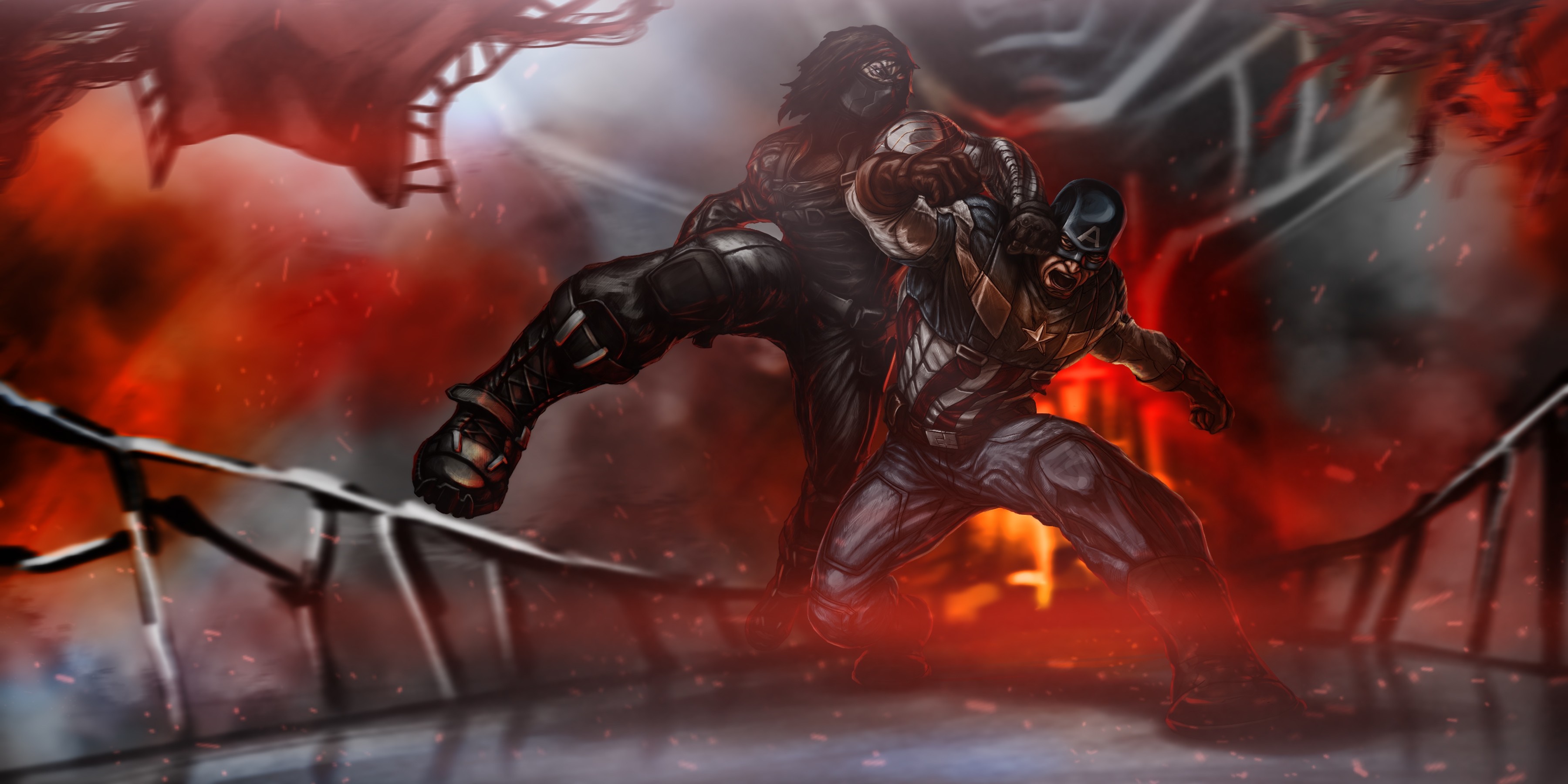 Captain America fighting Winter Soldier in a fiery battle HD Wallpaper