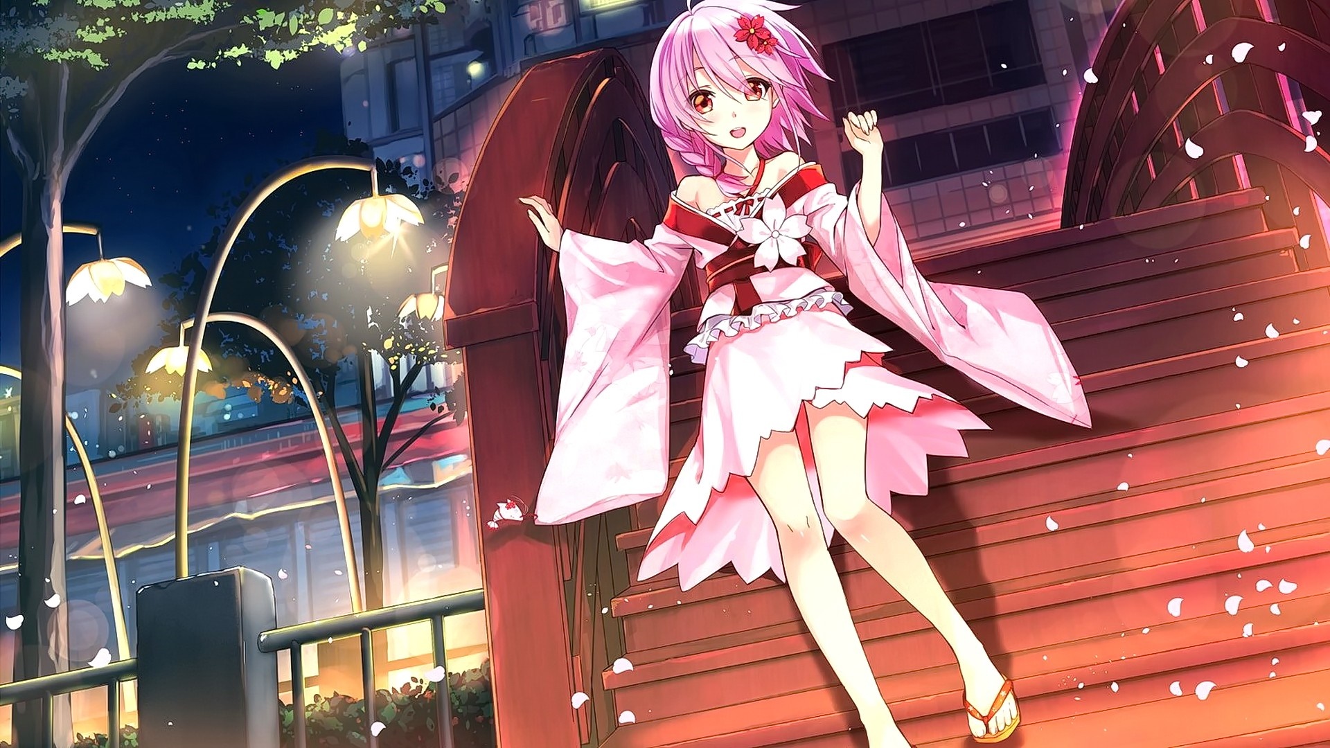 Anime girl with pink hair in a kimono HD Wallpaper