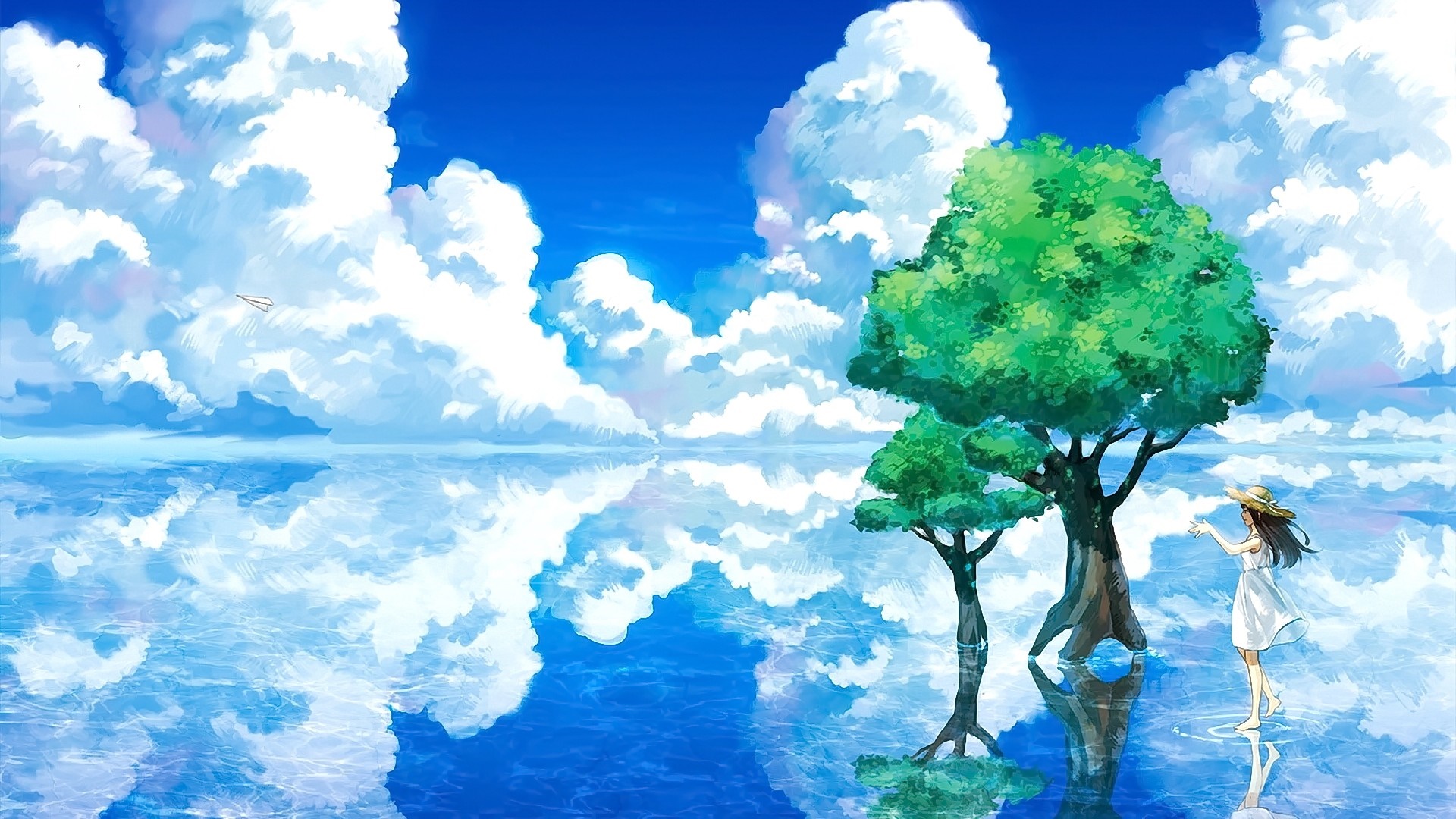 Anime girl in white dress by trees reflected in water HD Wallpaper