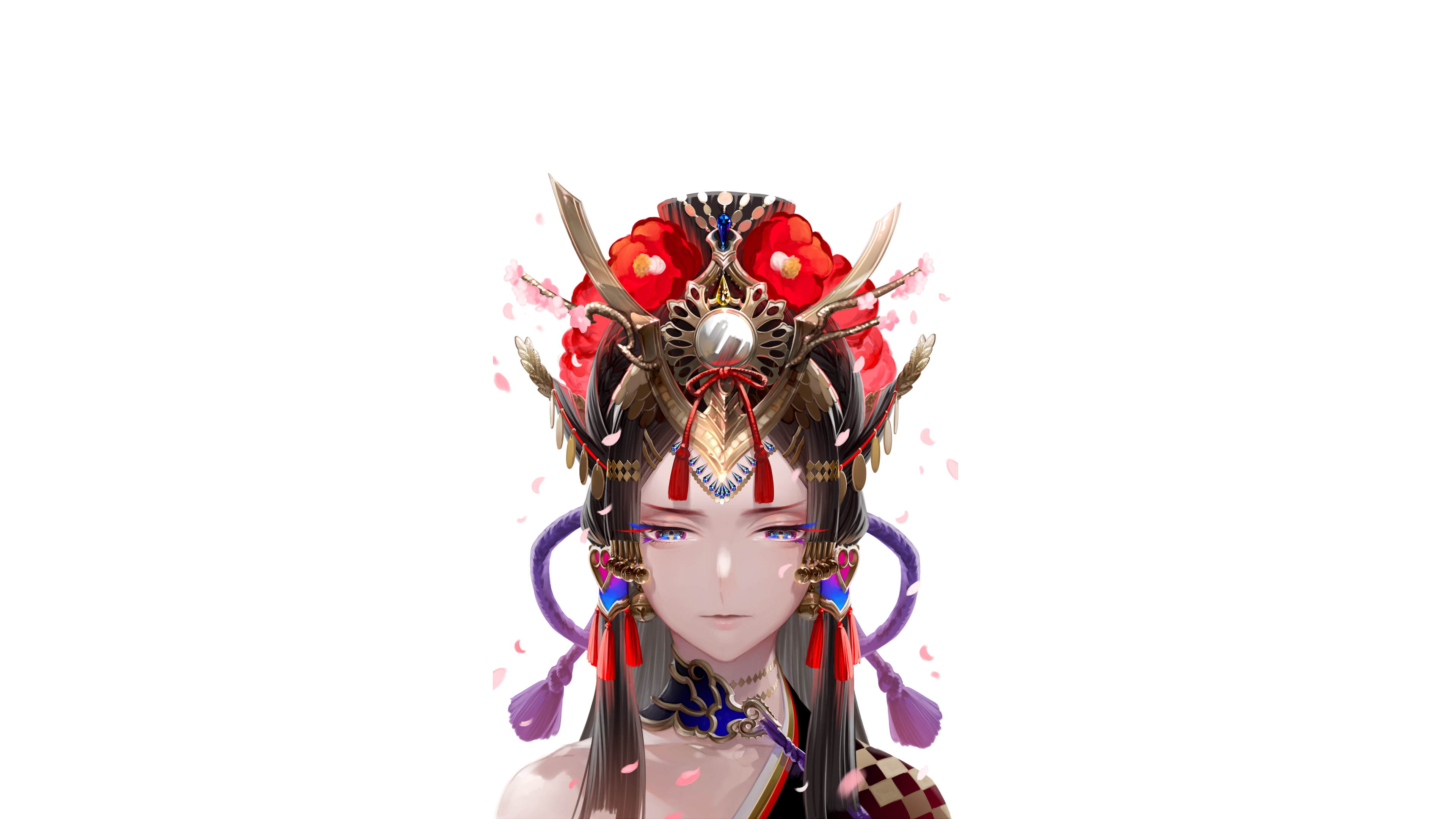 Anime girl with elaborate headdress and flowers HD Wallpaper