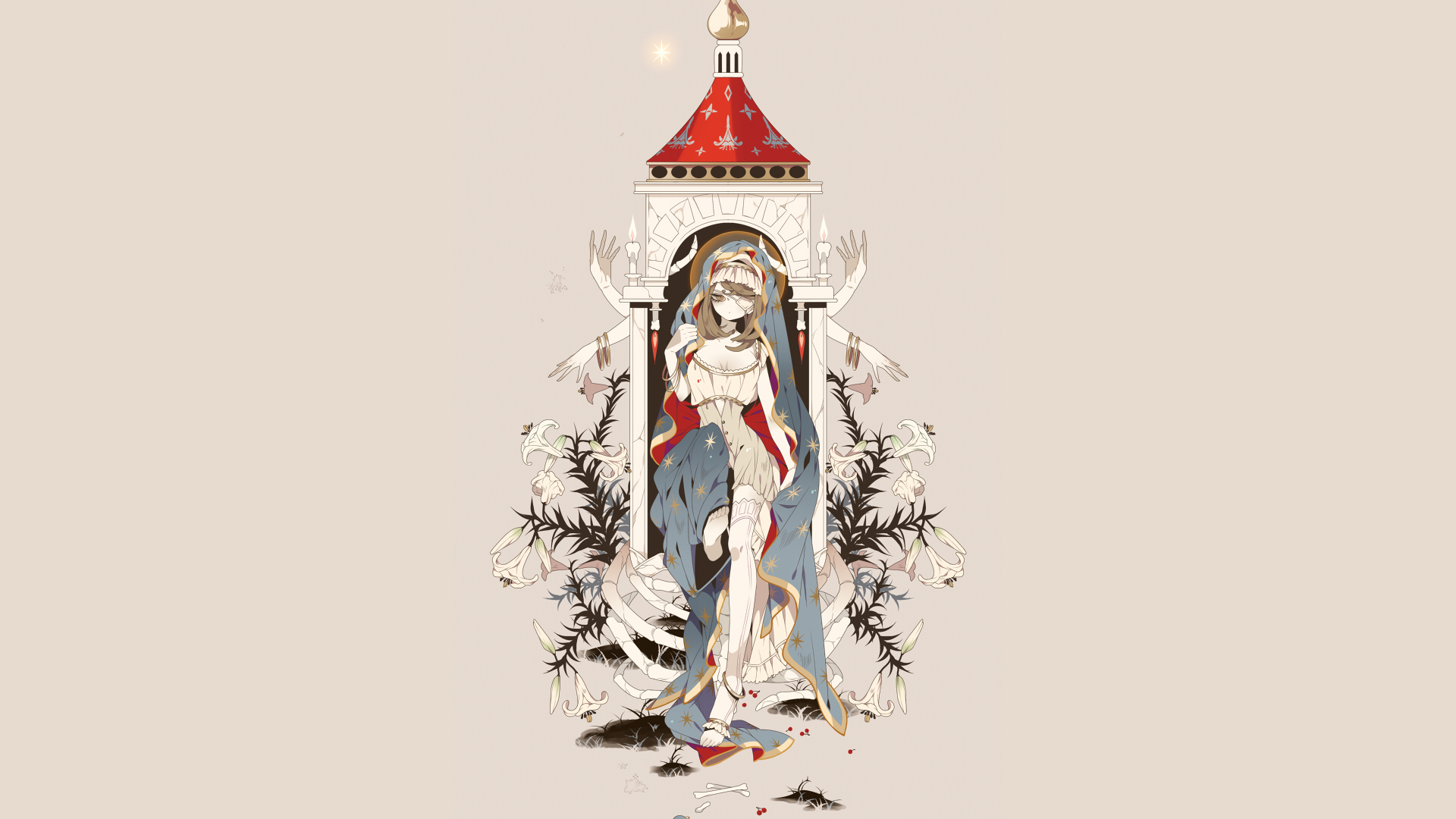 Anime girl in a shrine with lilies and bones HD Wallpaper