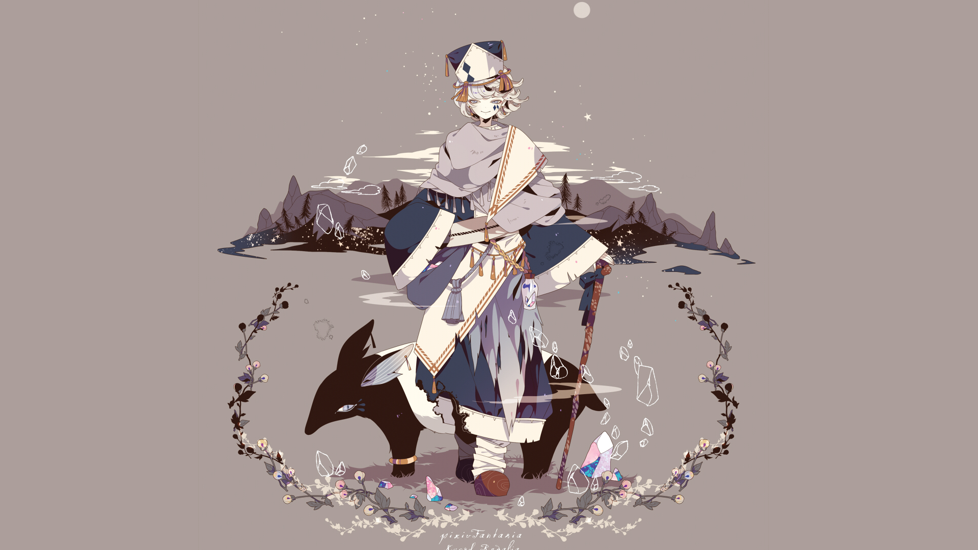 Anime character with tapir in a mountainous landscape HD Wallpaper