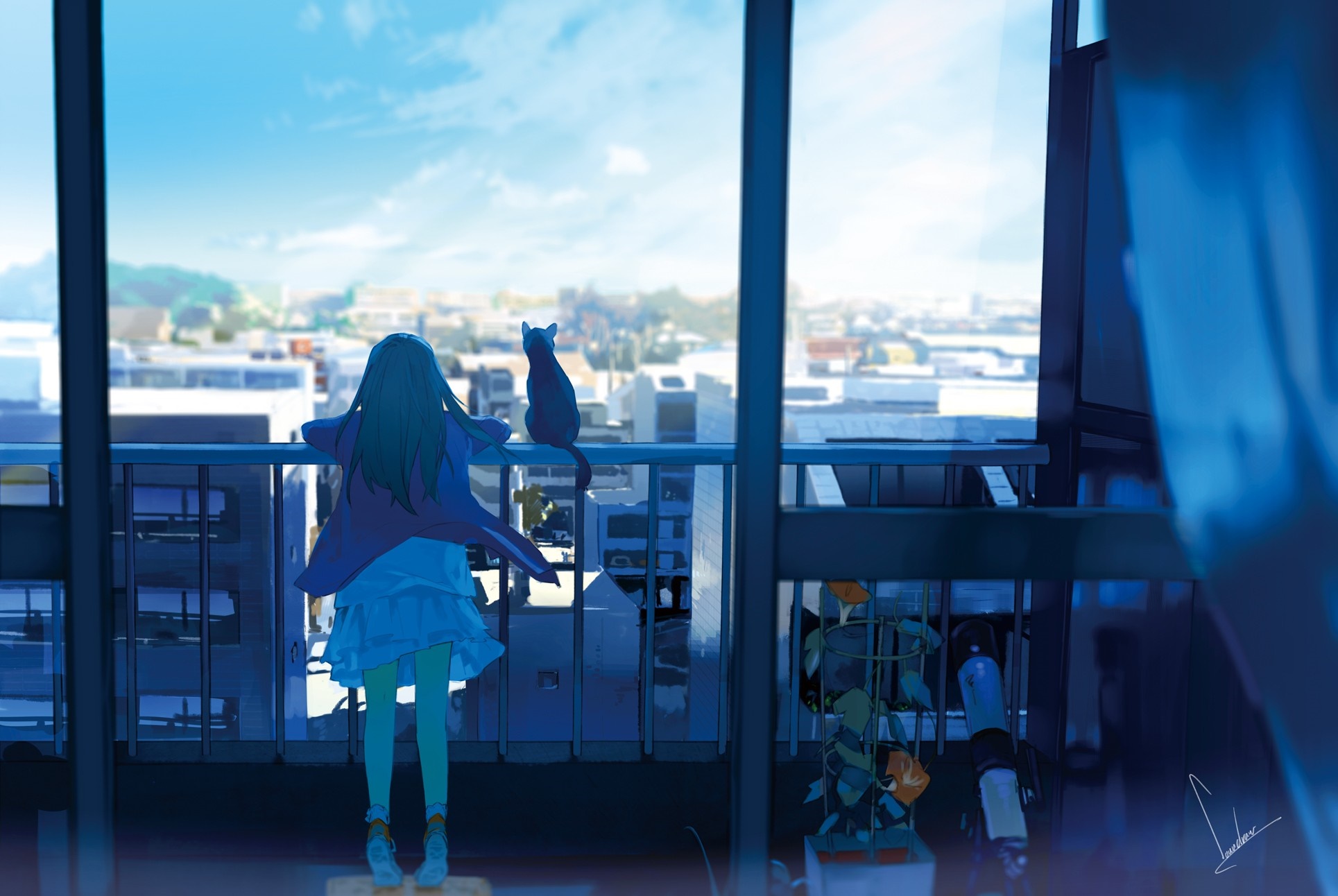 Anime girl and cat on a balcony overlooking city HD Wallpaper