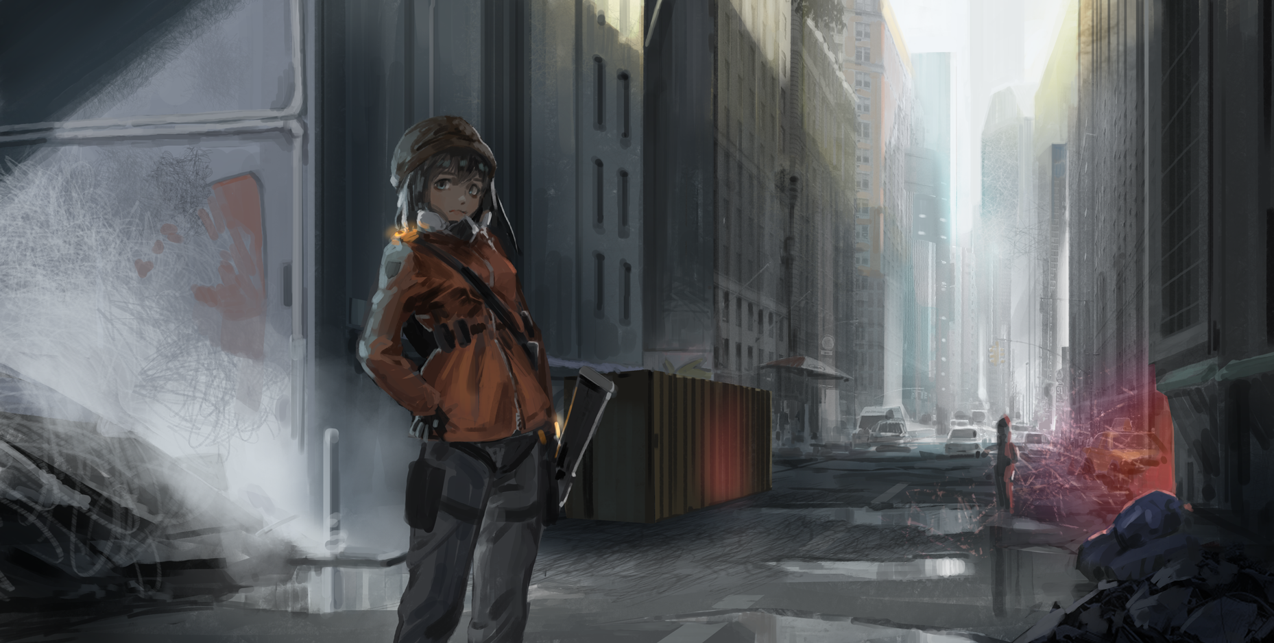 Anime girl in orange jacket in The Division cityscape HD Wallpaper