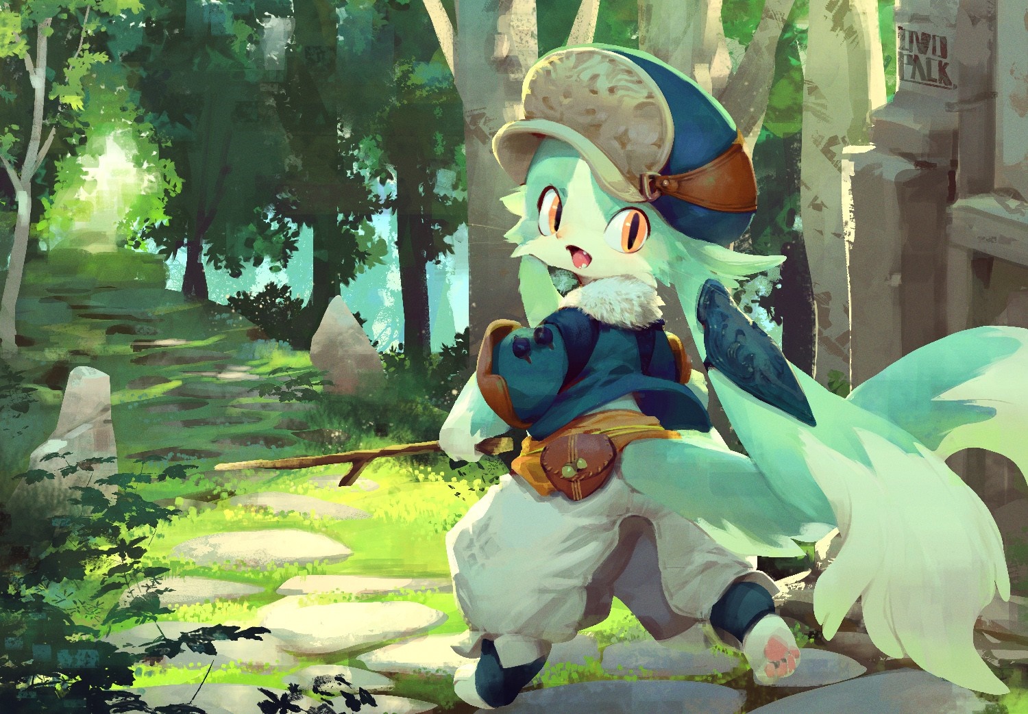Anime character walking on a forest path HD Wallpaper