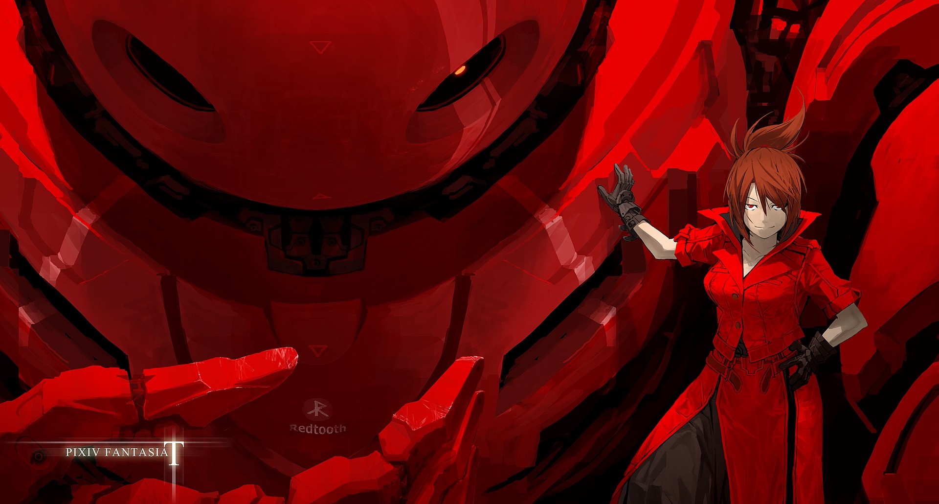 Anime girl in red outfit with large red robot HD Wallpaper