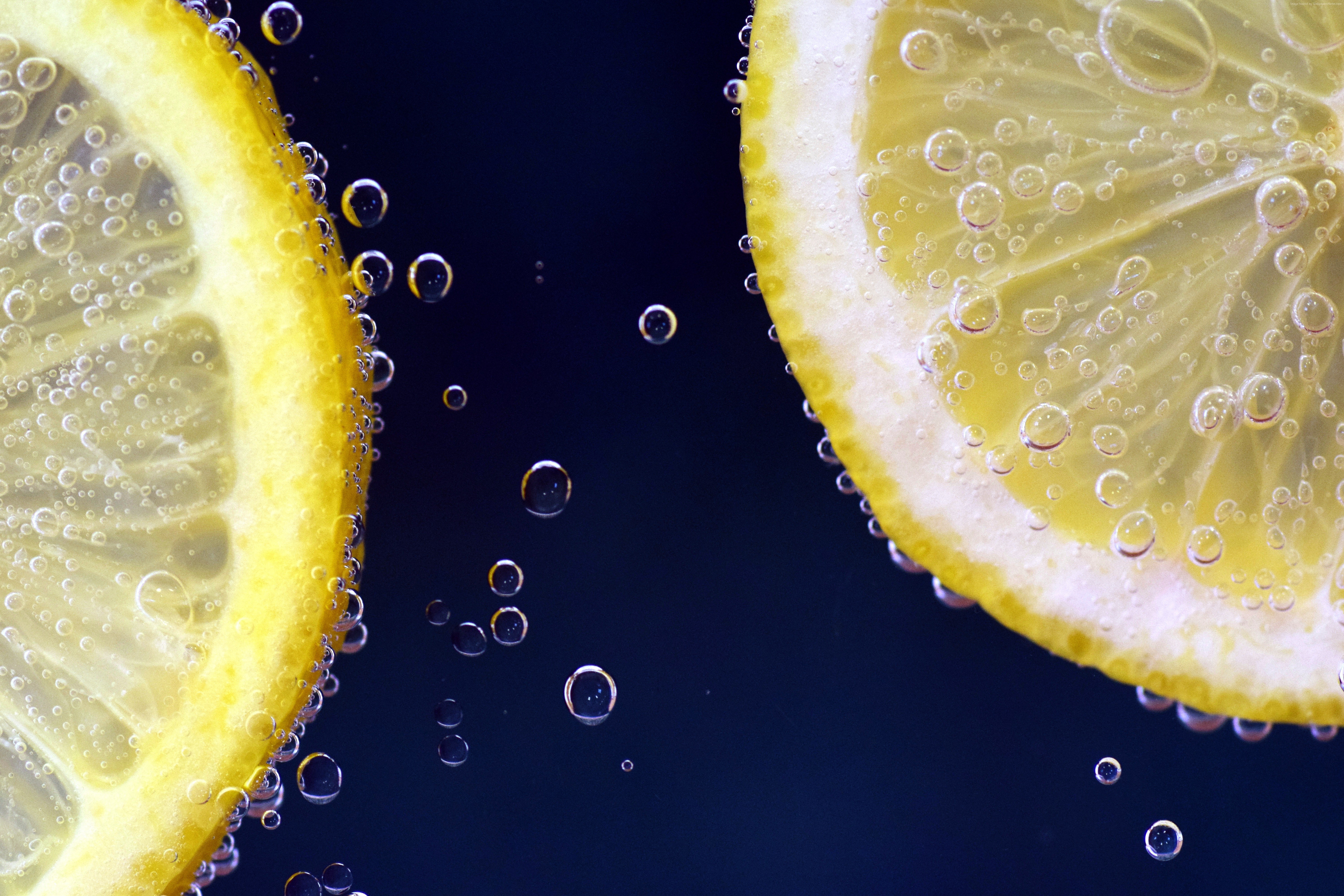 Lemon slices in sparkling water with bubbles HD Wallpaper