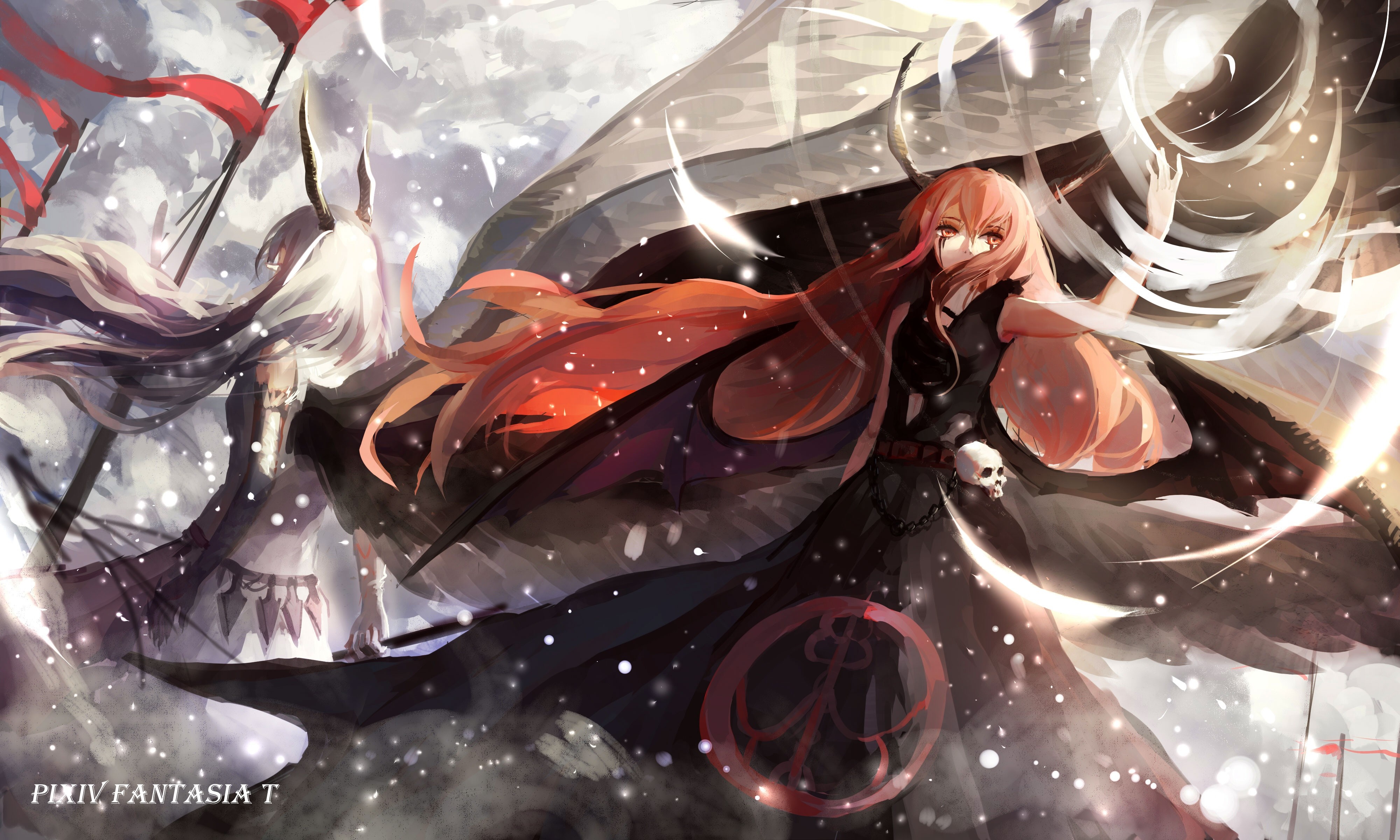 Two anime girls with long hair in a battle scene HD Wallpaper