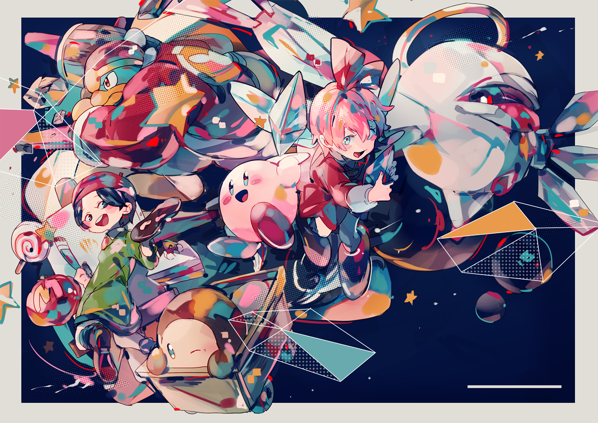 Kirby and friends in a colorful, abstract illustration HD Wallpaper