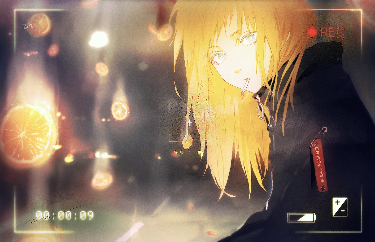 Anime girl with orange slices in a recording frame HD Wallpaper