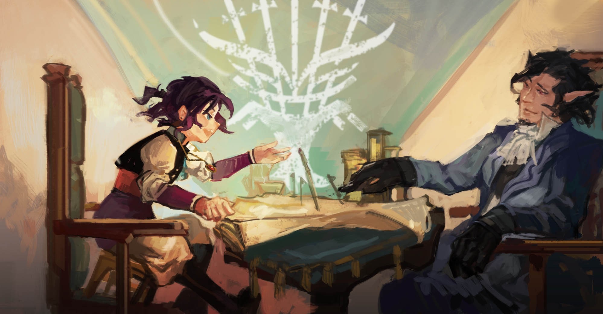 Anime painting of two characters at a table HD Wallpaper