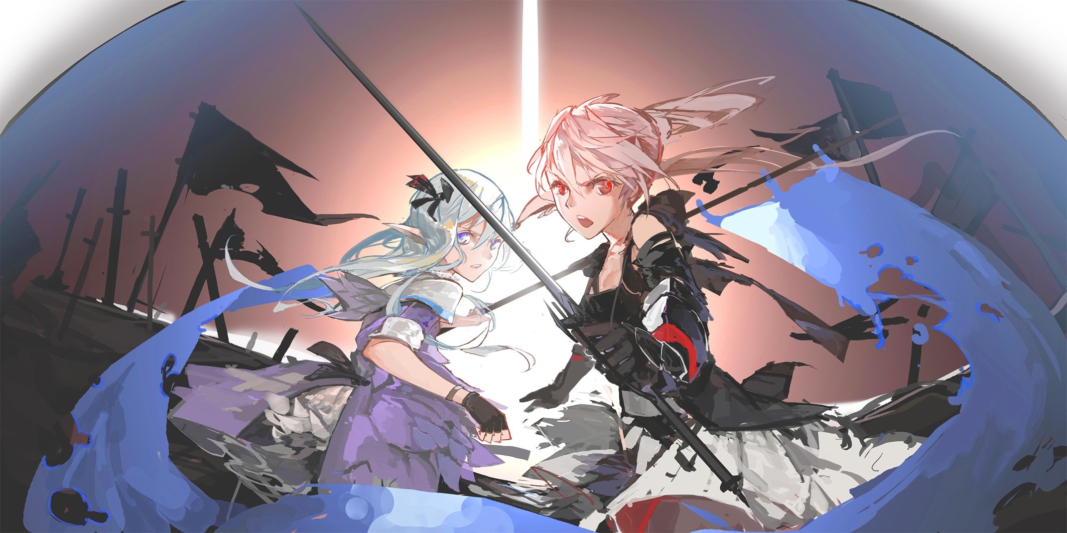 Two anime girls with swords in a battle scene HD Wallpaper