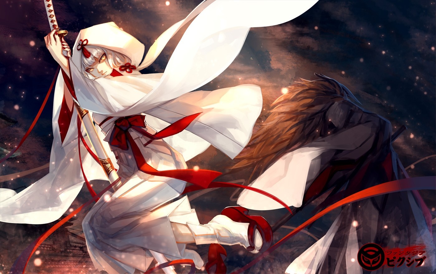 Anime character in white and red holding a sword HD Wallpaper