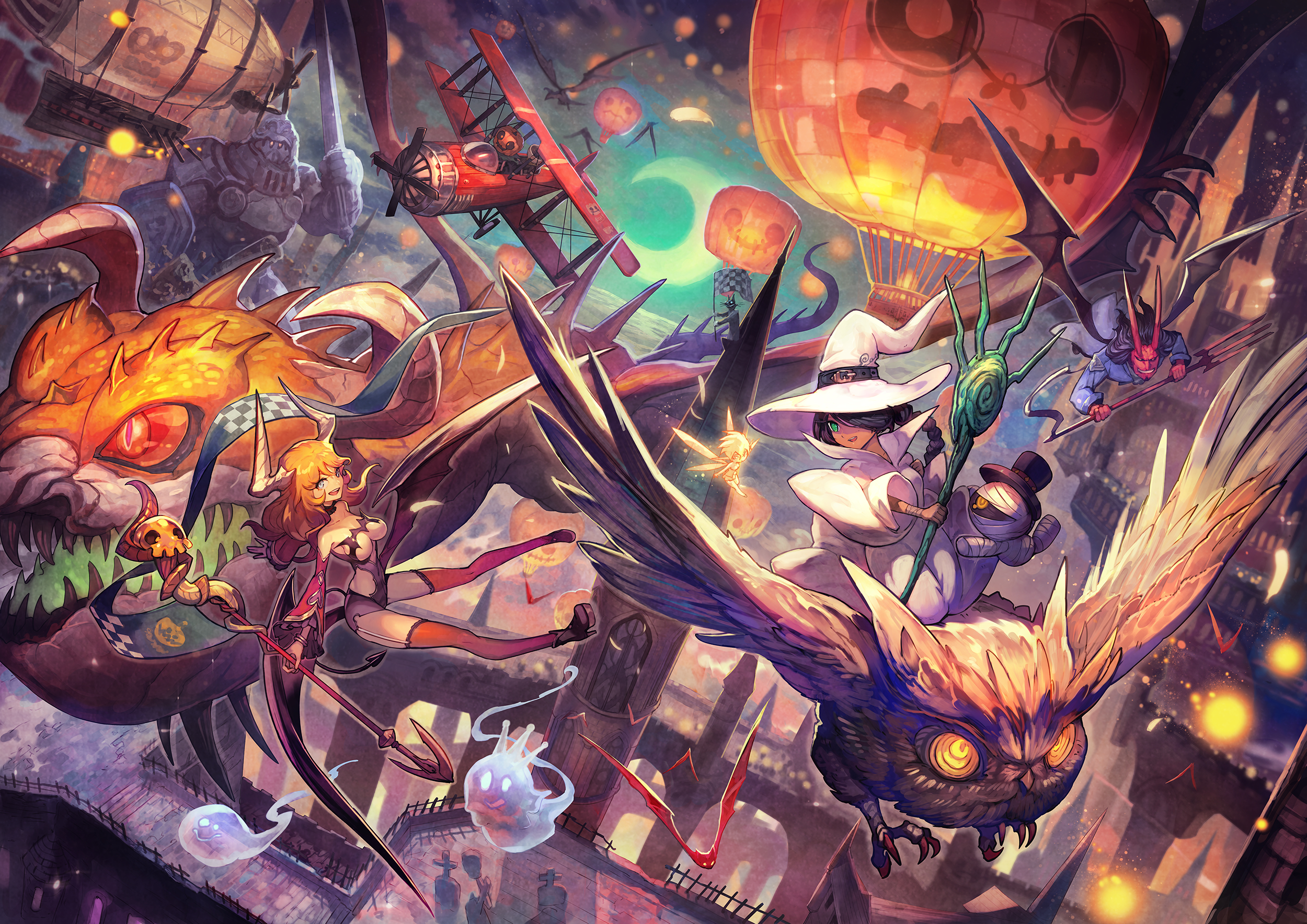 Halloween fantasy illustration with witches and monsters HD Wallpaper