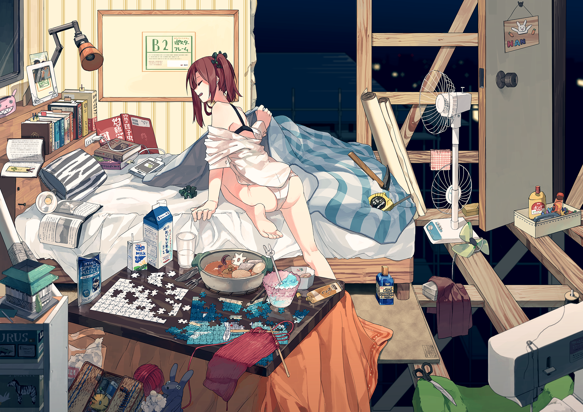 Anime girl in messy room with puzzles and food HD Wallpaper