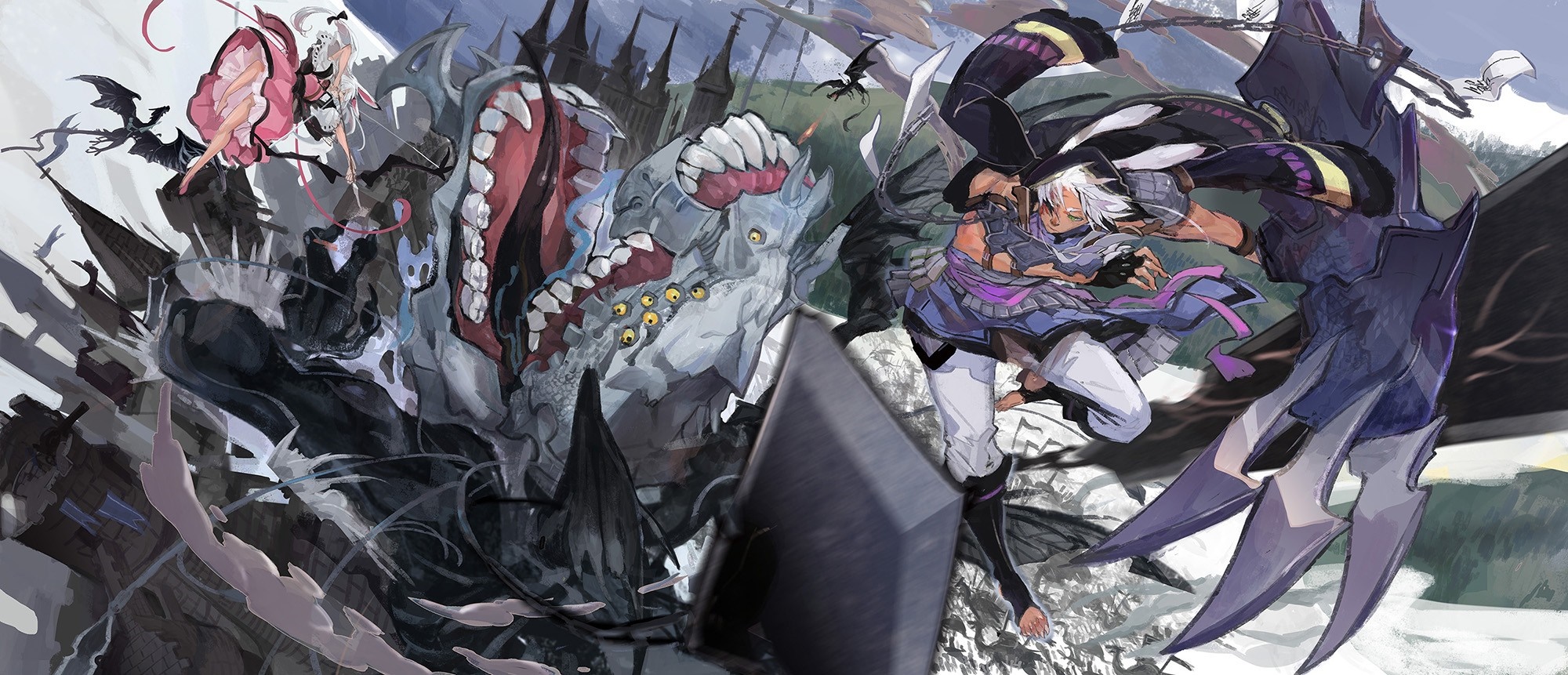 Anime characters fighting a monster HD Wallpaper