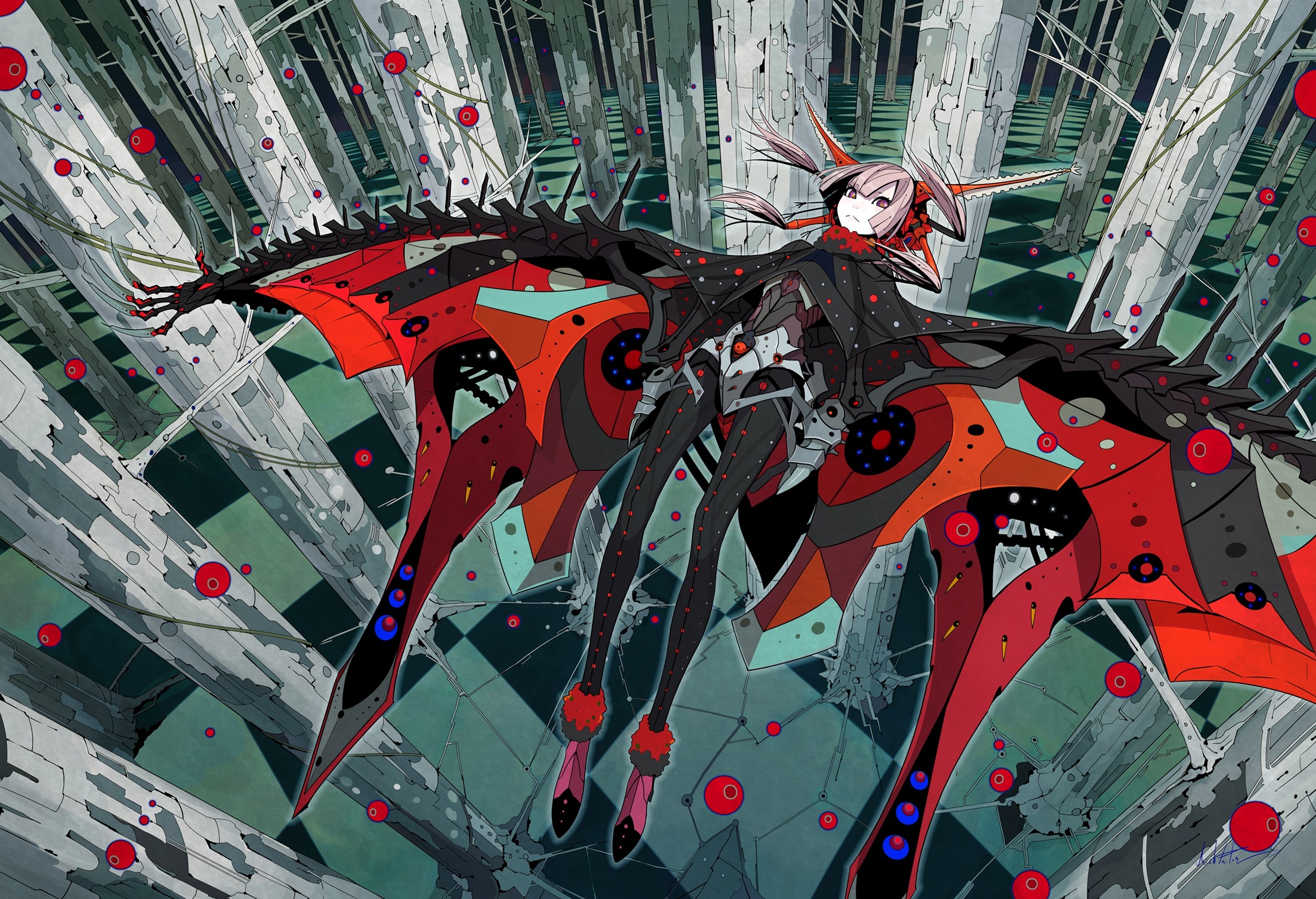 Anime girl with mechanical wings in a forest HD Wallpaper