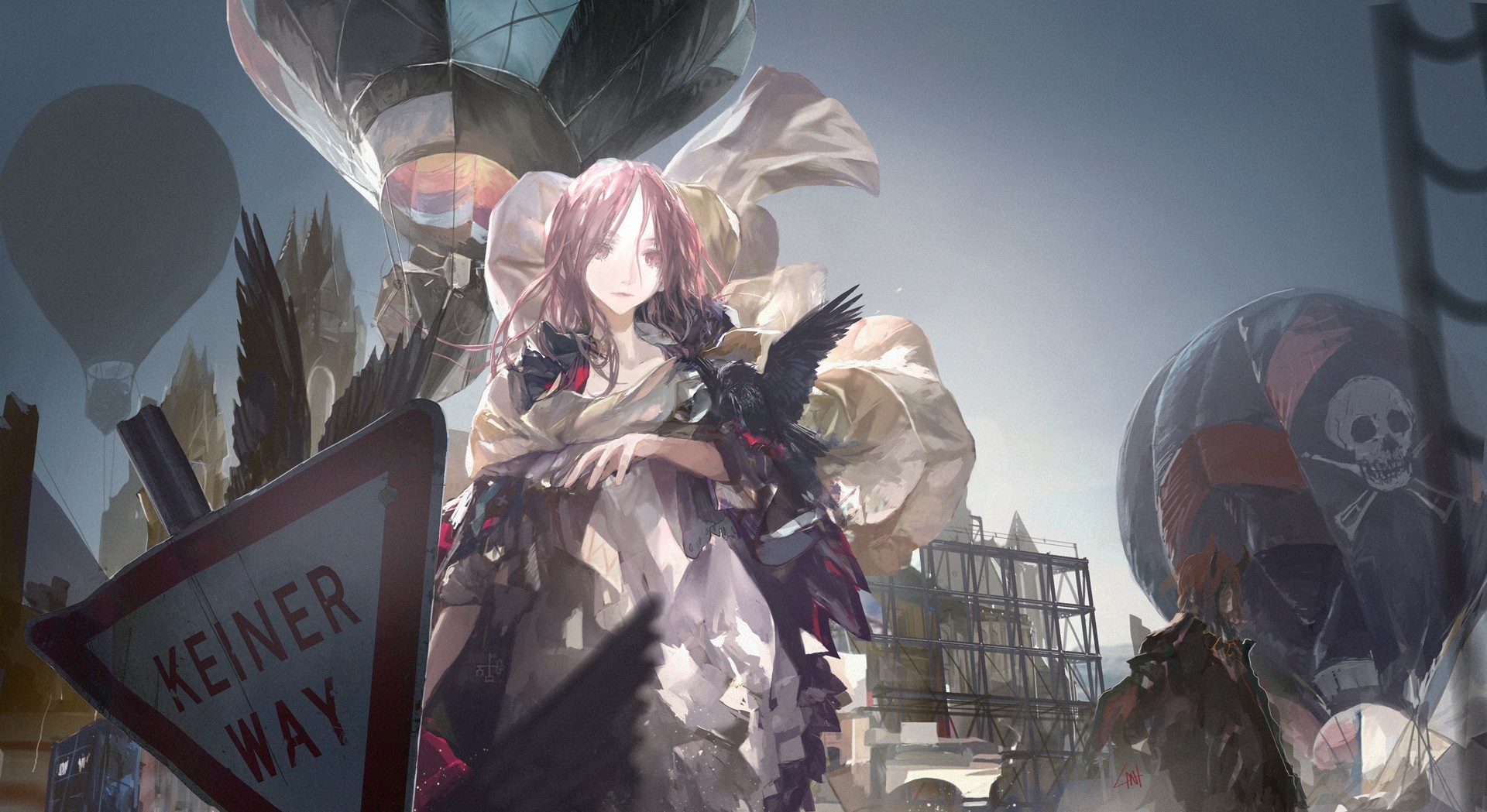 Anime girl with crow and hot air balloons HD Wallpaper