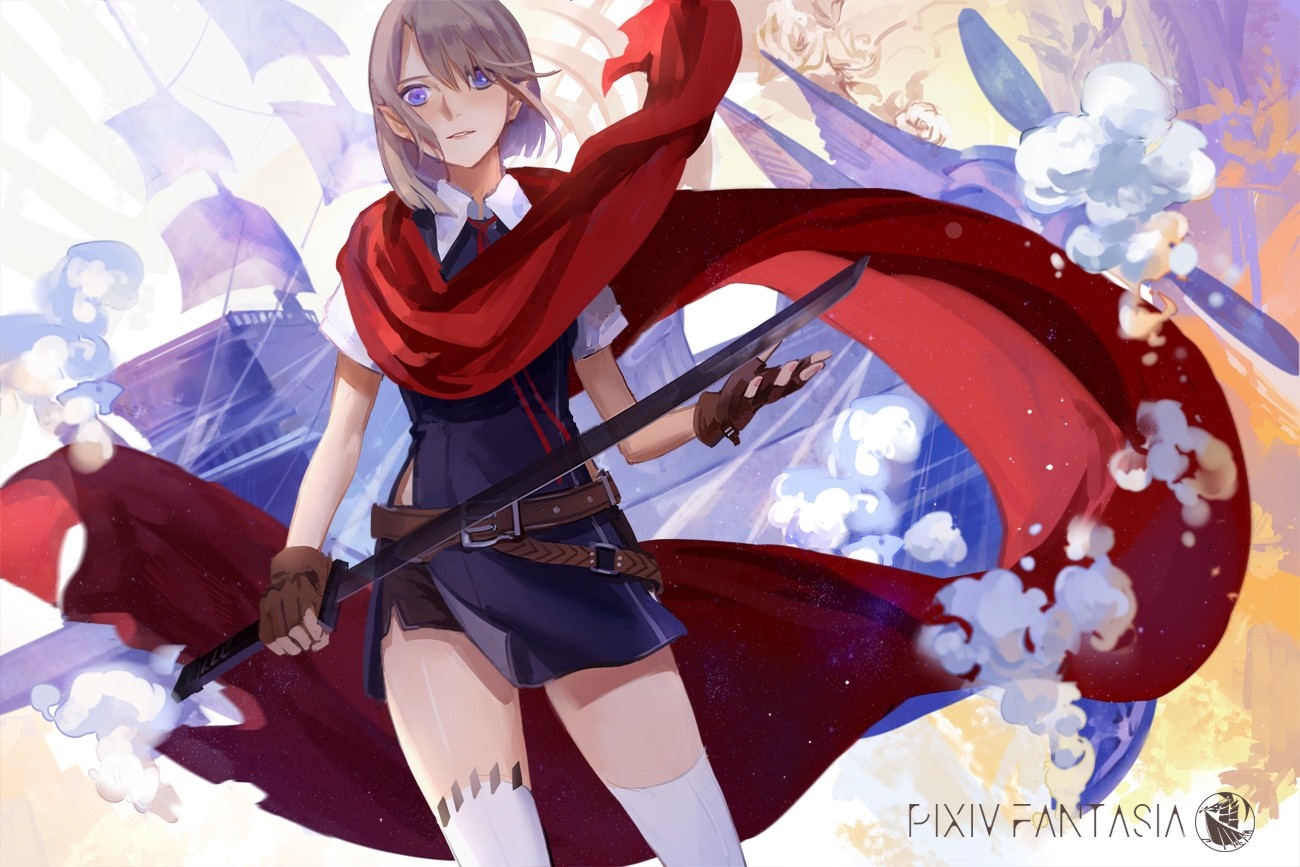 Anime girl with red scarf and sword in Pixiv Fantasia HD Wallpaper