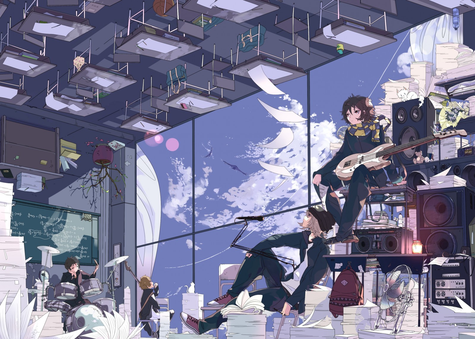 Anime characters playing music in a cluttered room HD Wallpaper