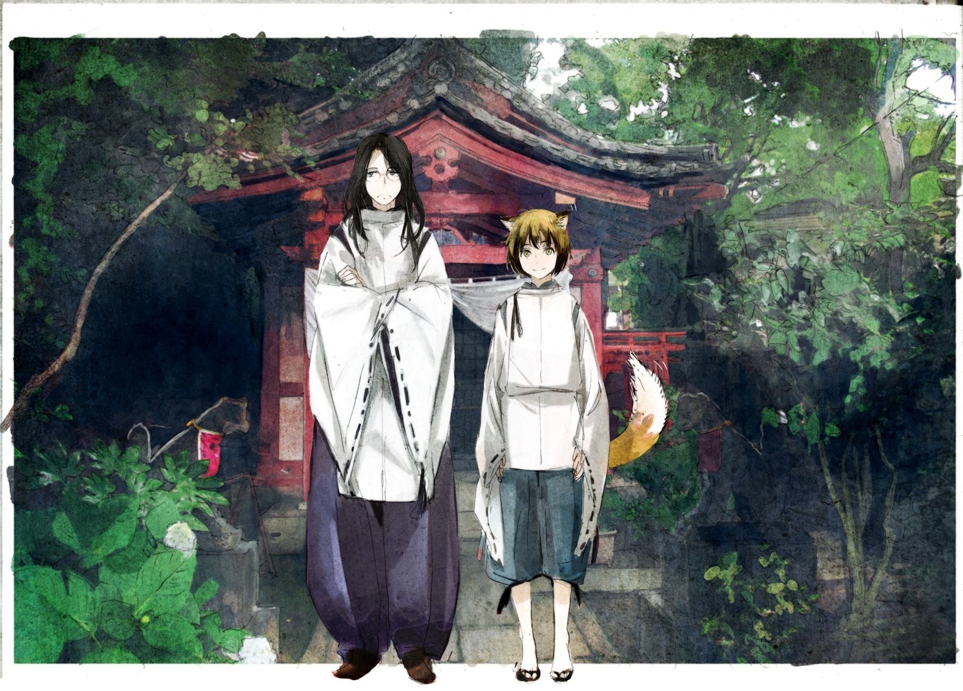 Anime painting of two figures in front of a shrine HD Wallpaper