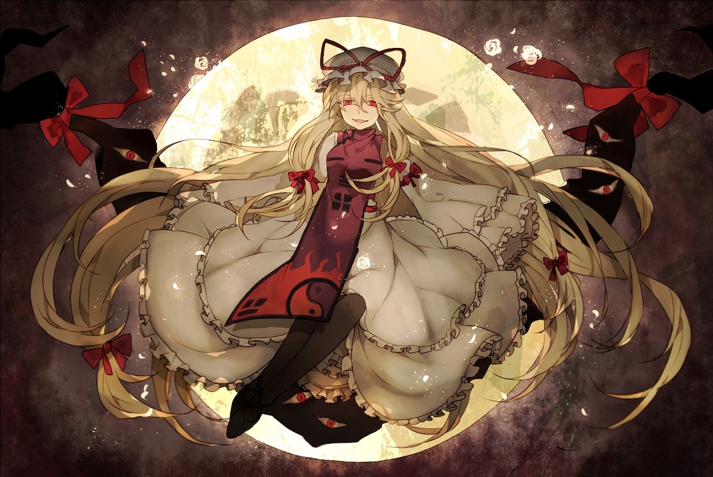 Yakumo Yukari from Touhou with a large moon HD Wallpaper