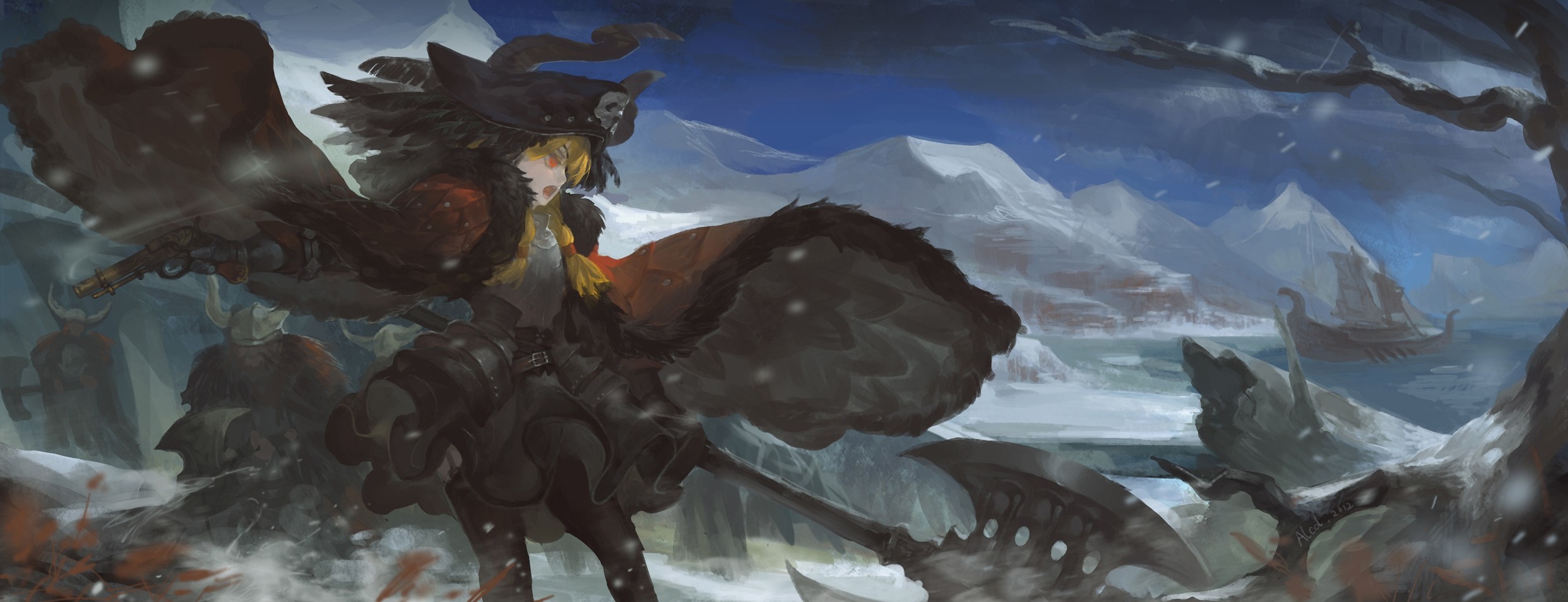 Anime girl with axe and gun in snowy landscape HD Wallpaper