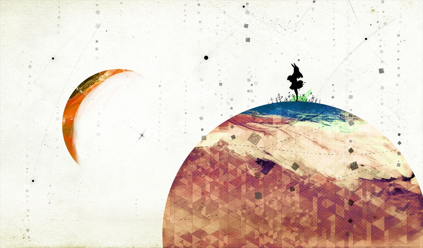 Silhouette of a figure on a planet with a crescent moon HD Wallpaper