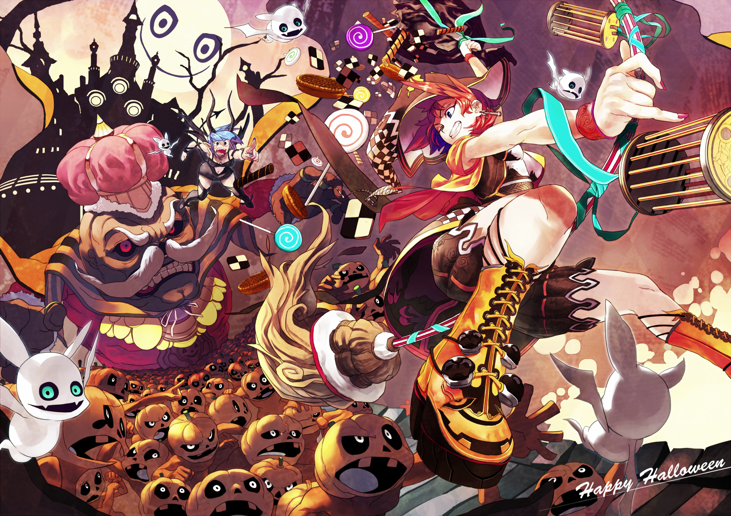 Anime Halloween illustration with characters and pumpkins HD Wallpaper