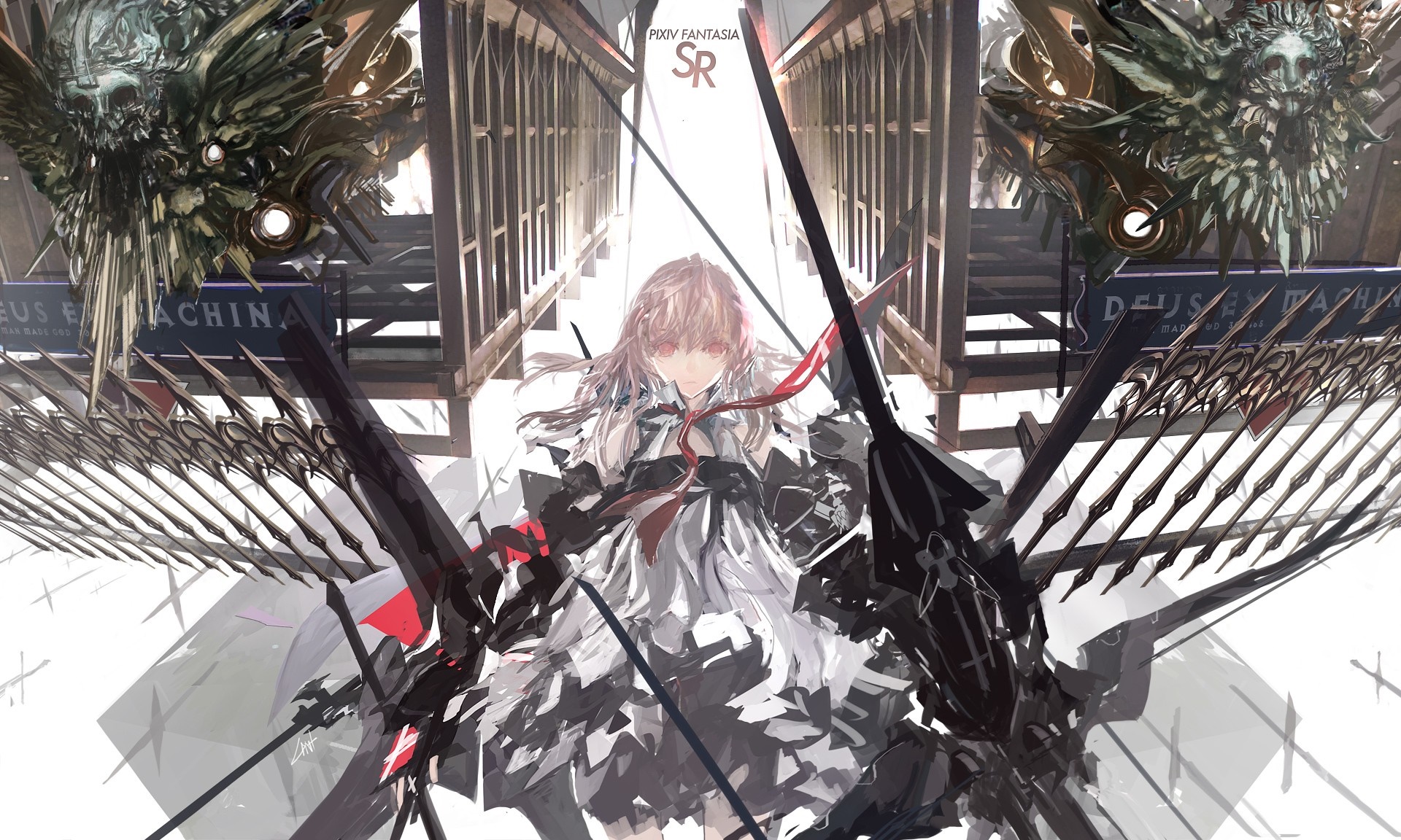Anime girl with swords and mechanical wings HD Wallpaper