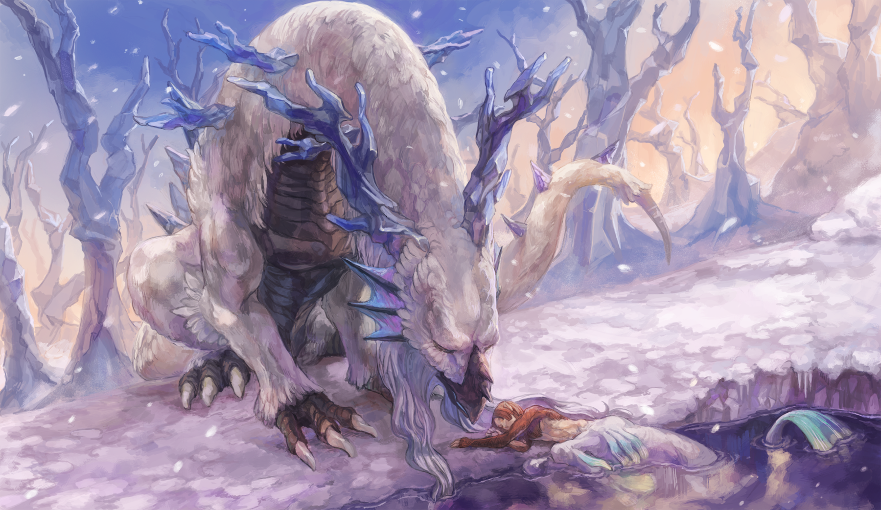 Dragon and human in a snowy forest HD Wallpaper